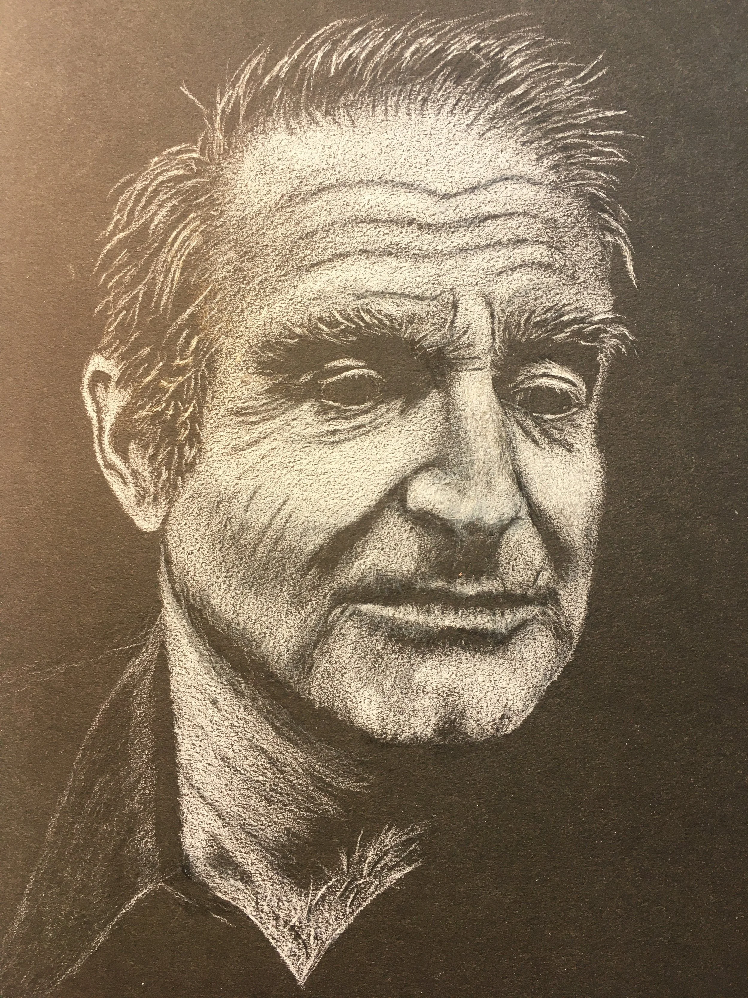 A detailed white chalk drawing of an elderly man with distinguished features, long hair, and a serious expression, on a dark background.