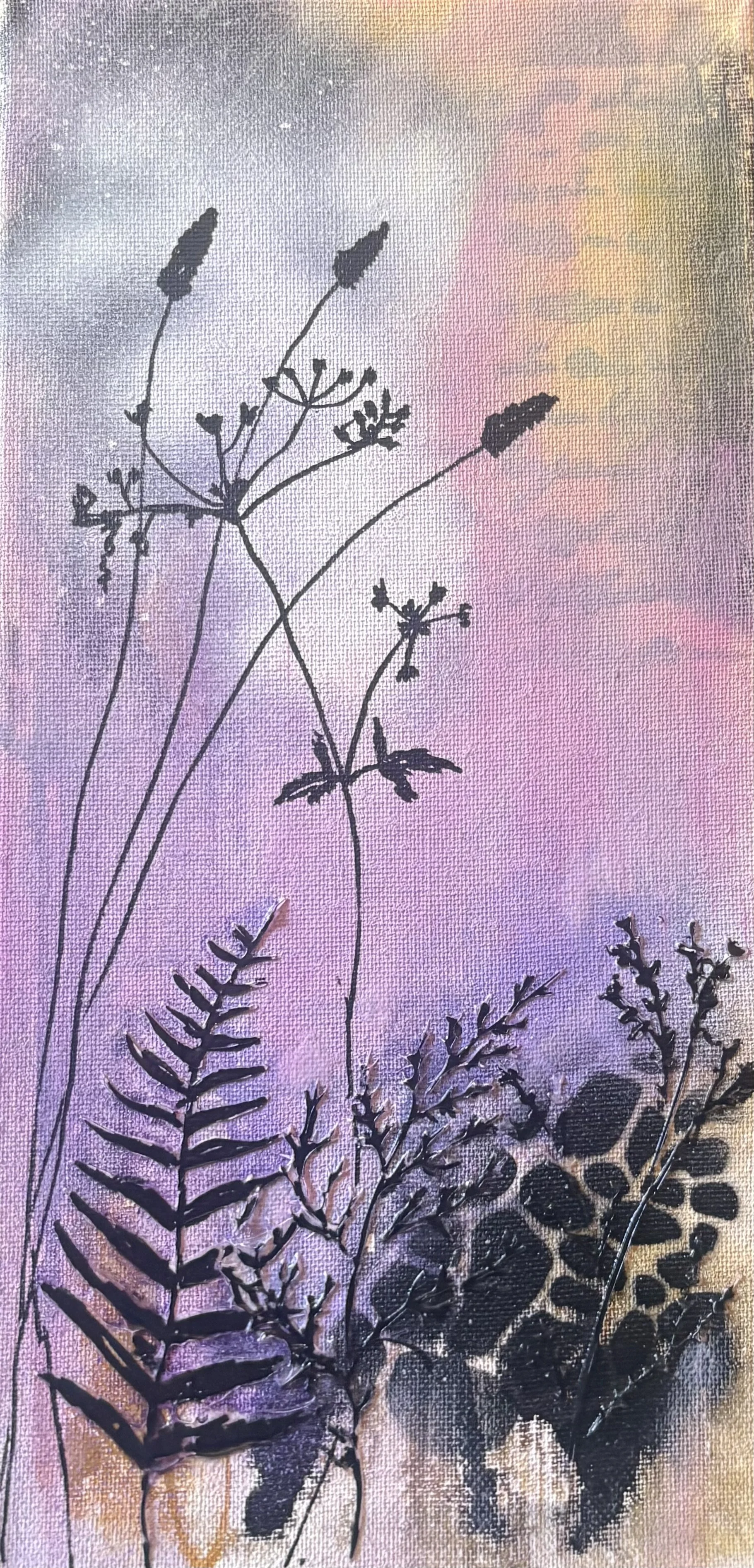 Silhouettes of various plants and ferns against a pastel, abstract watercolor background.