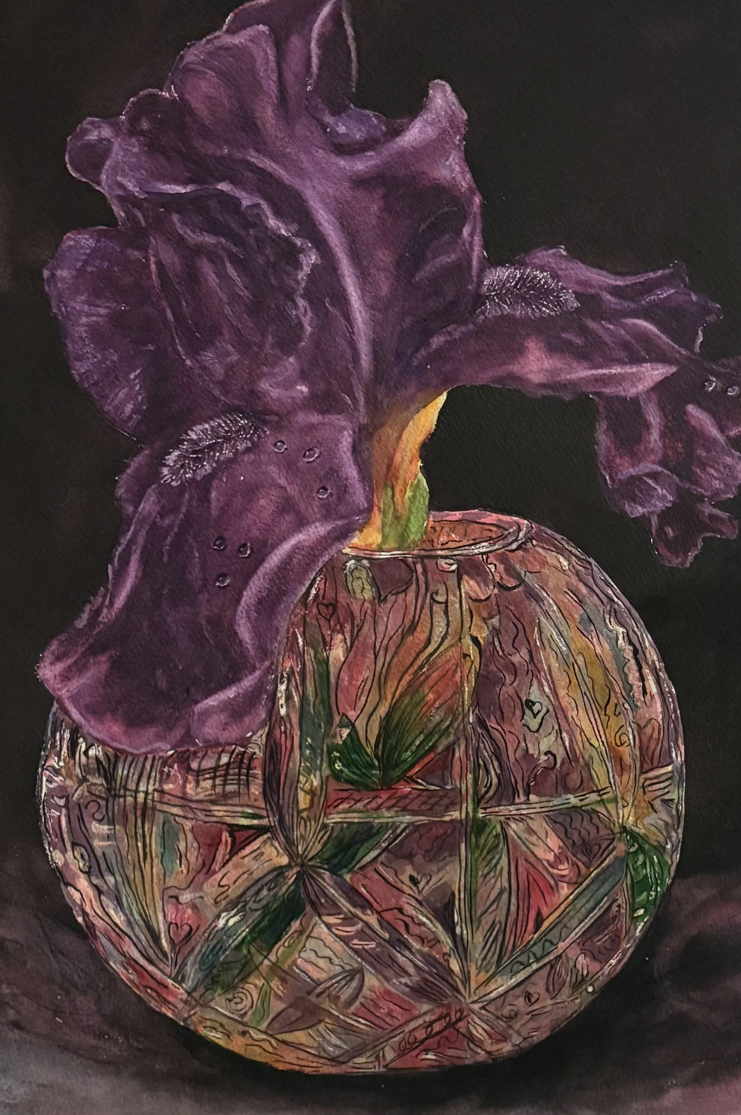 A colorful painting of a purple flower in a patterned vase on a dark background.