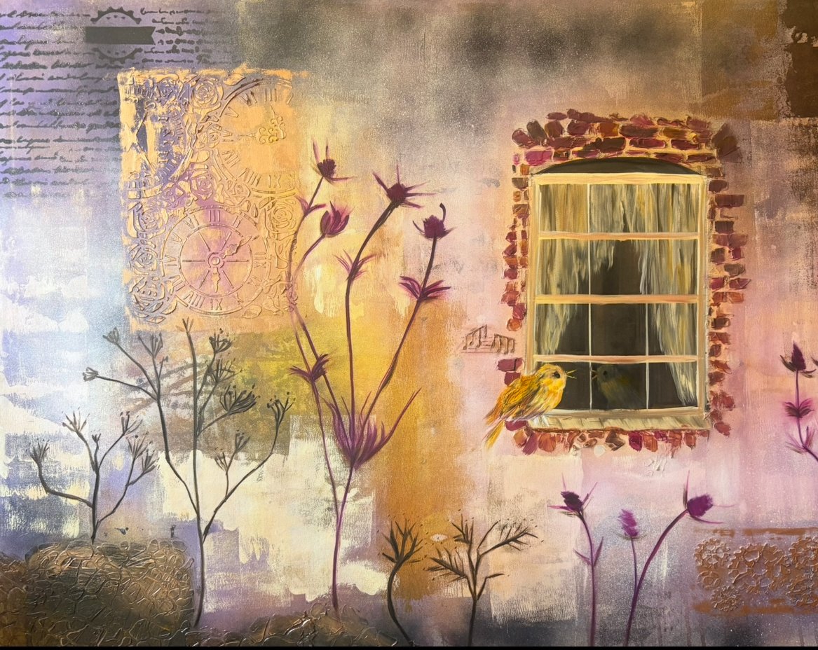Original mixed-media abstract painting of an abandoned house with a little yellow bird looking in the window and happily seeing itself. Created on canvas using inks, acrylic mediums, acrylic paint, spray paints, and oil paints.