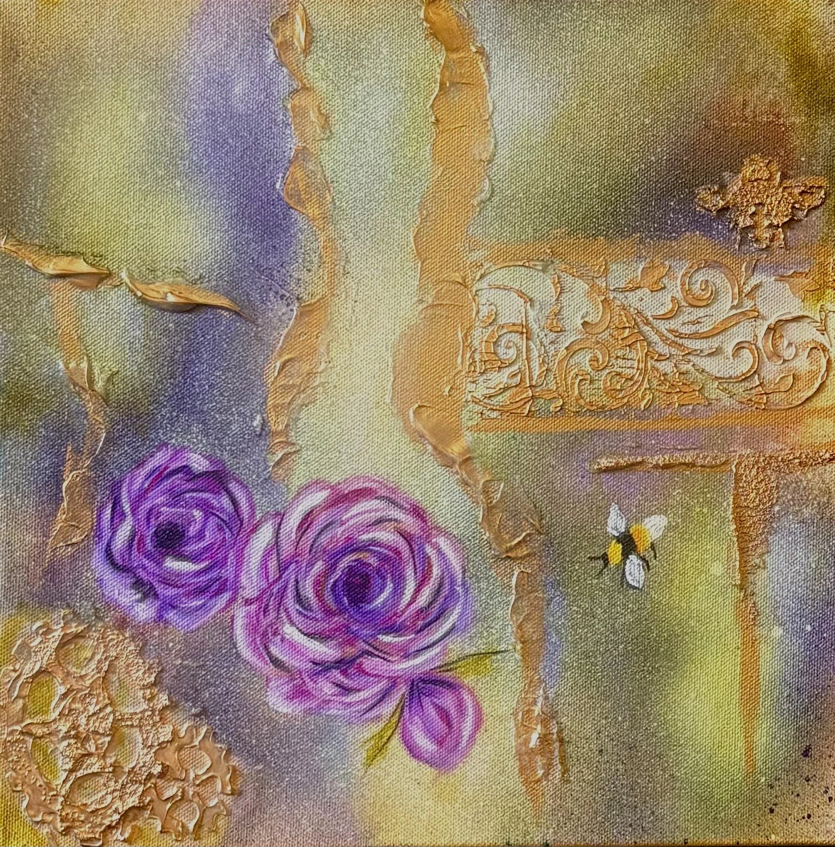 Colorful background with purple roses, orange decorative patterns, and bees.