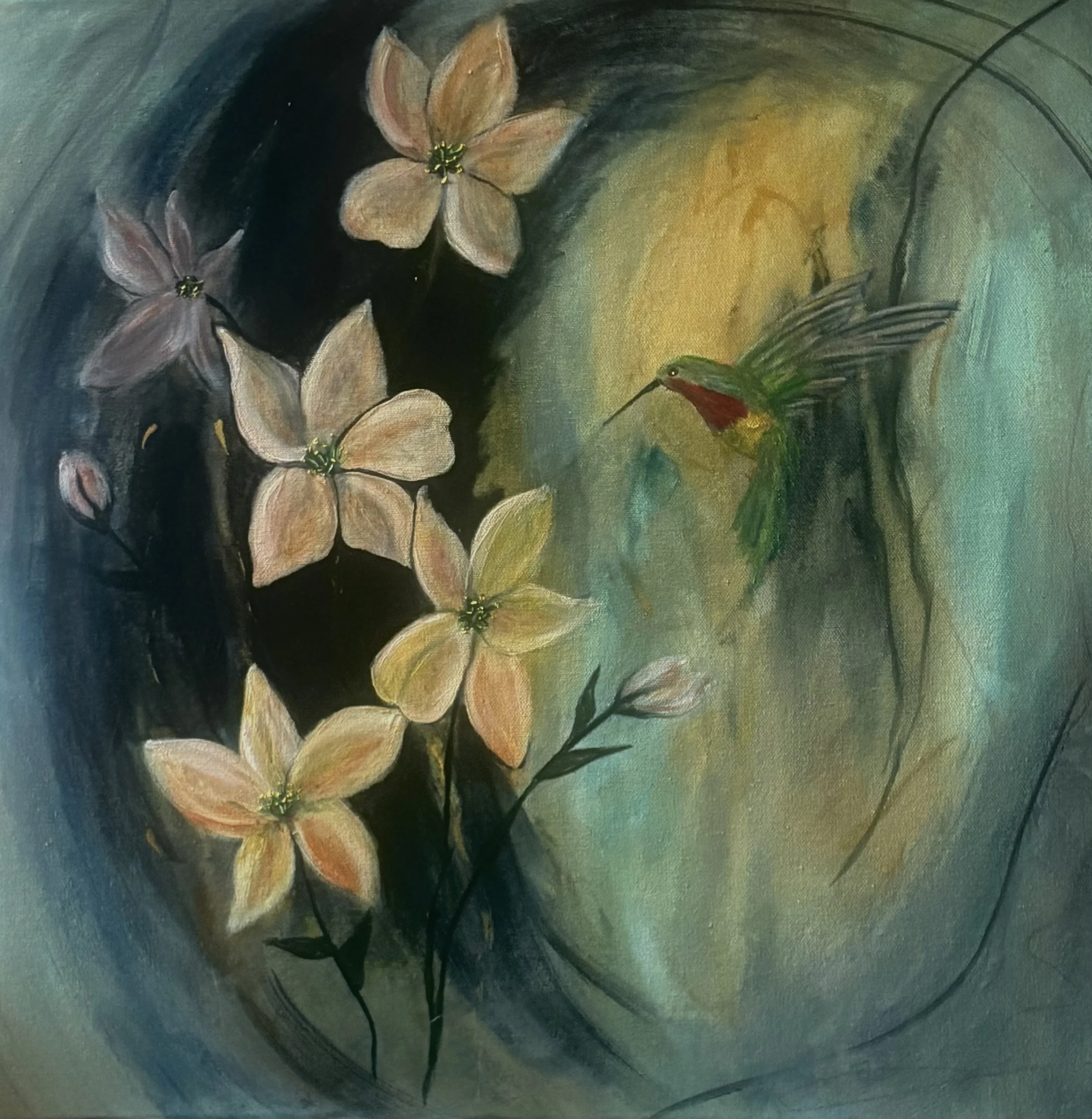 A painting of two beige flowers with green centers and a hummingbird with red and green feathers, set against a dark background with green and yellow hues.