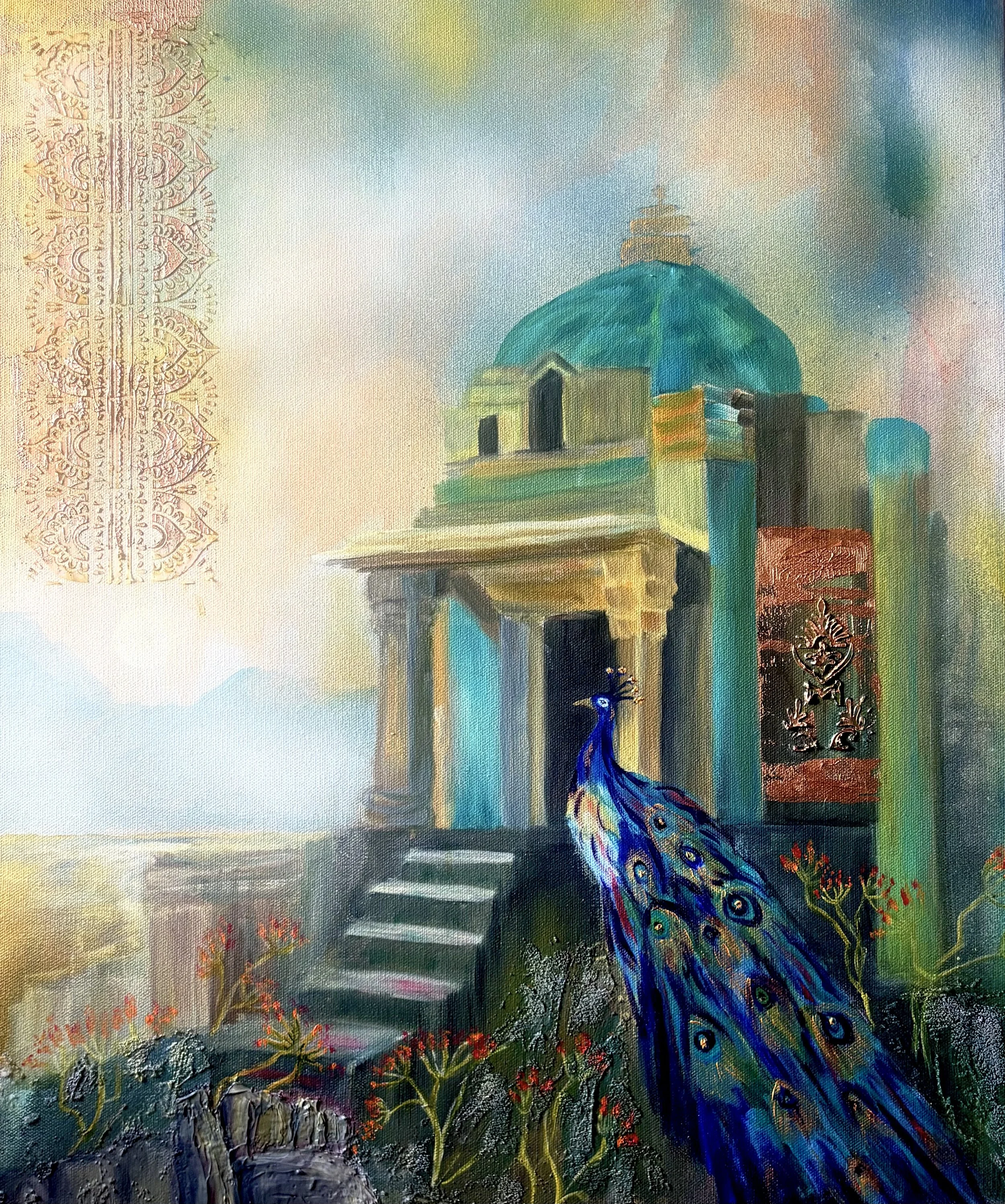 Original mixed-media painting on canvas of a majestic peacock exploring an ancient temple. Created on canvas using mixed media created with ink, acrylic mediums, acrylic paint, spray paint, and oil paint.