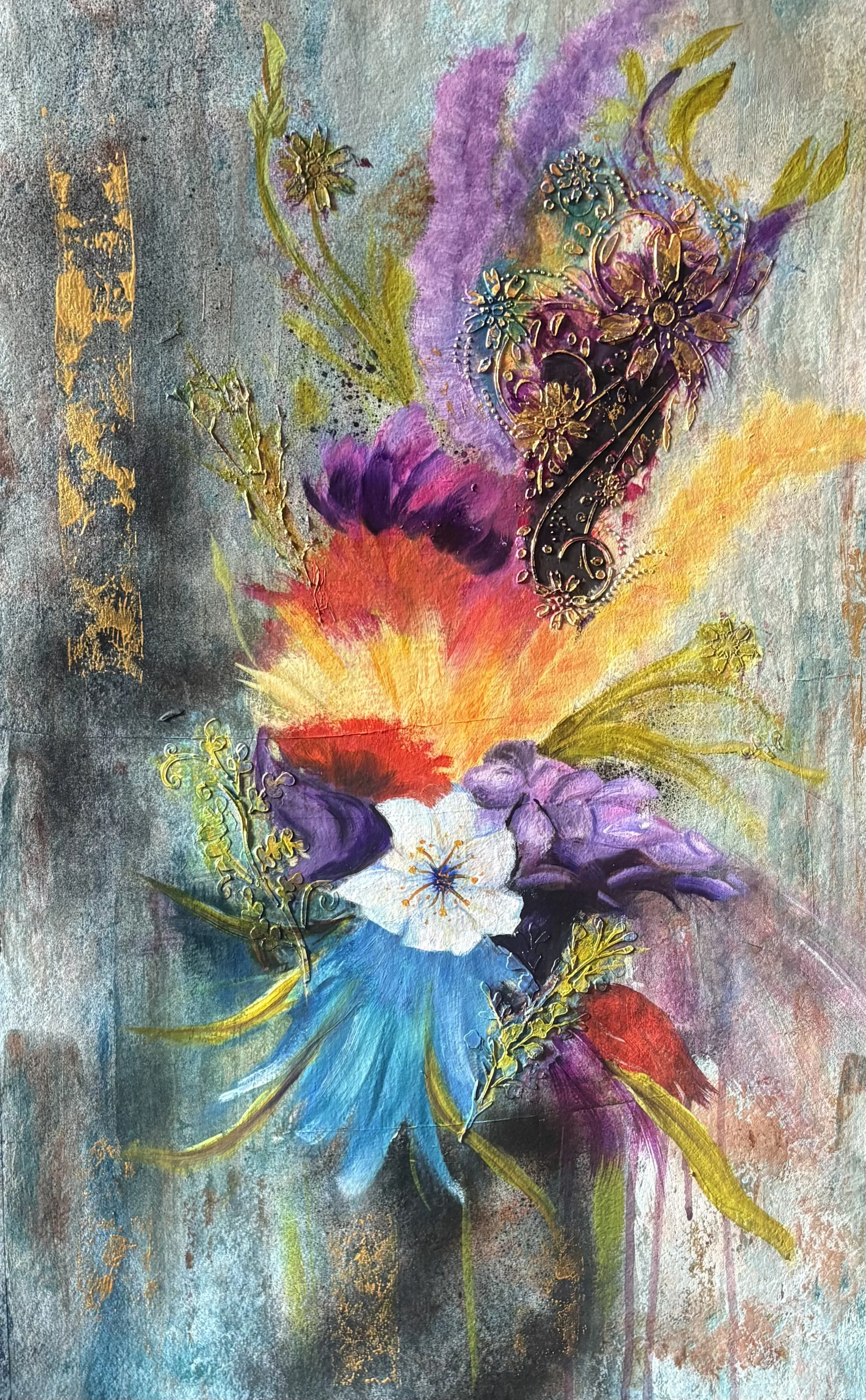 Abstract painting of colorful flowers with purple, yellow, red, blue, and white petals, accented with gold details, on a textured background with splashes of vibrant colors.