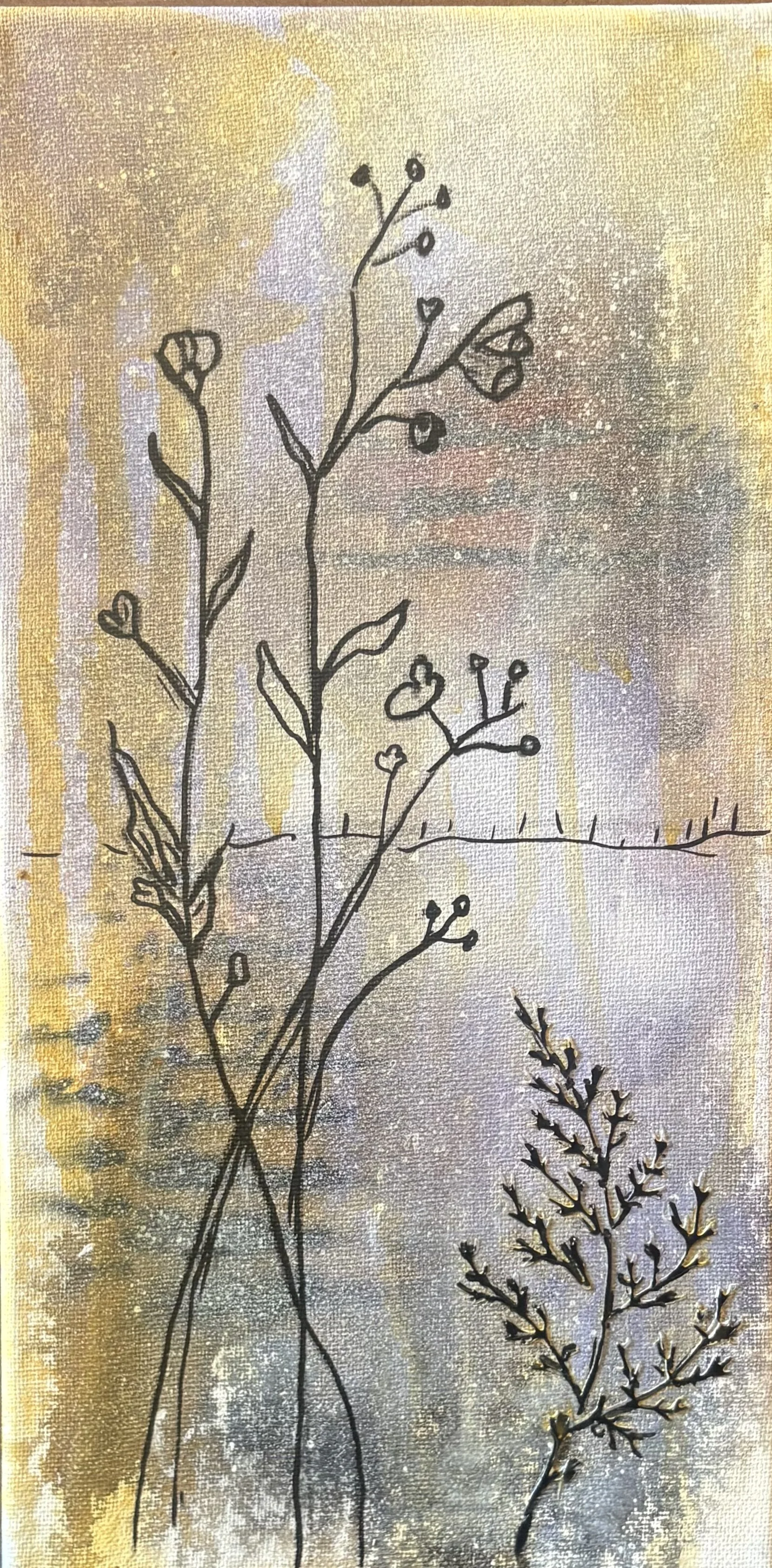 A painting of thin, black, botanical line drawings with small hearts and circles on a textured, multicolored background of gold, purple, and gray.