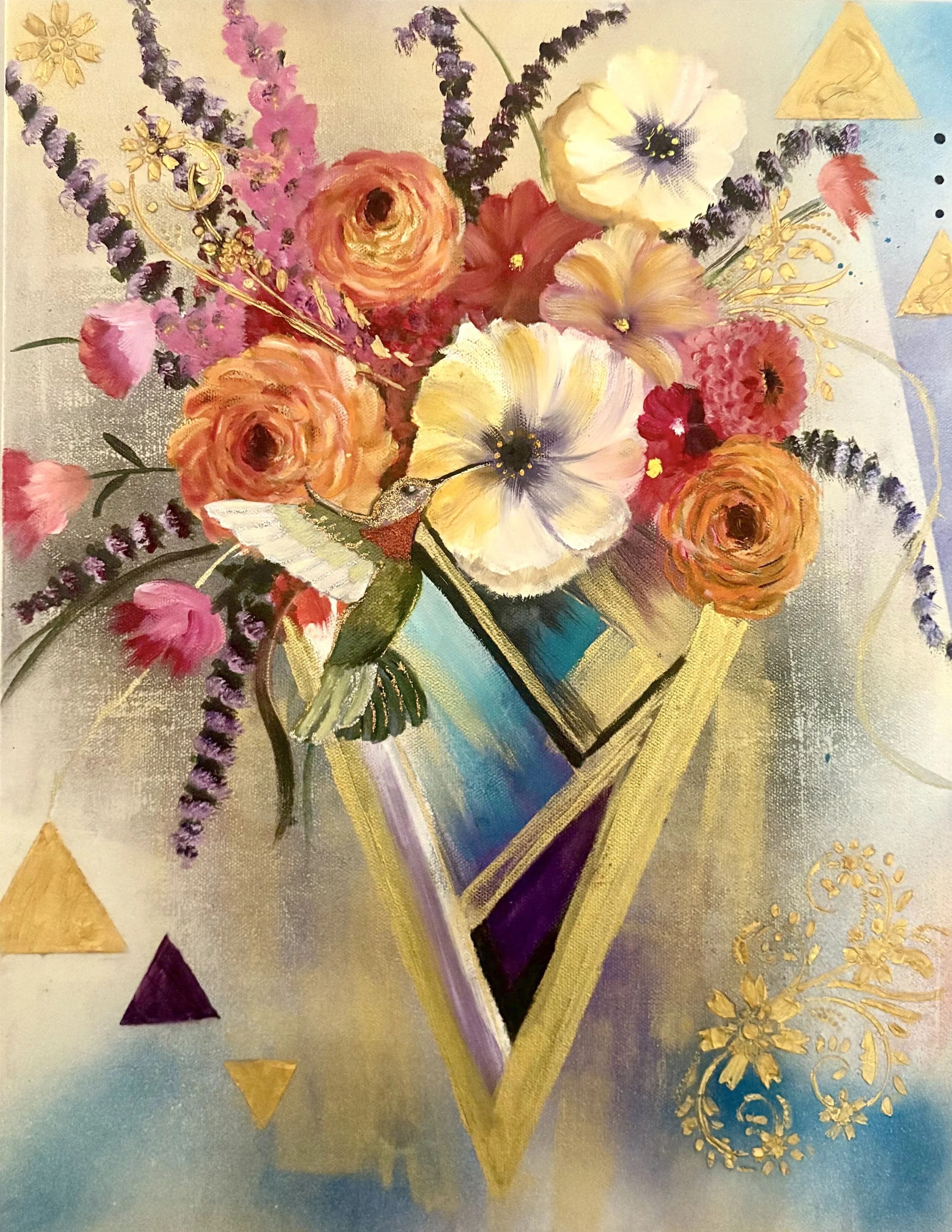 Original abstract mixed-media painting of a hummingbird exploring a variety of flowers in a triangular vase. 