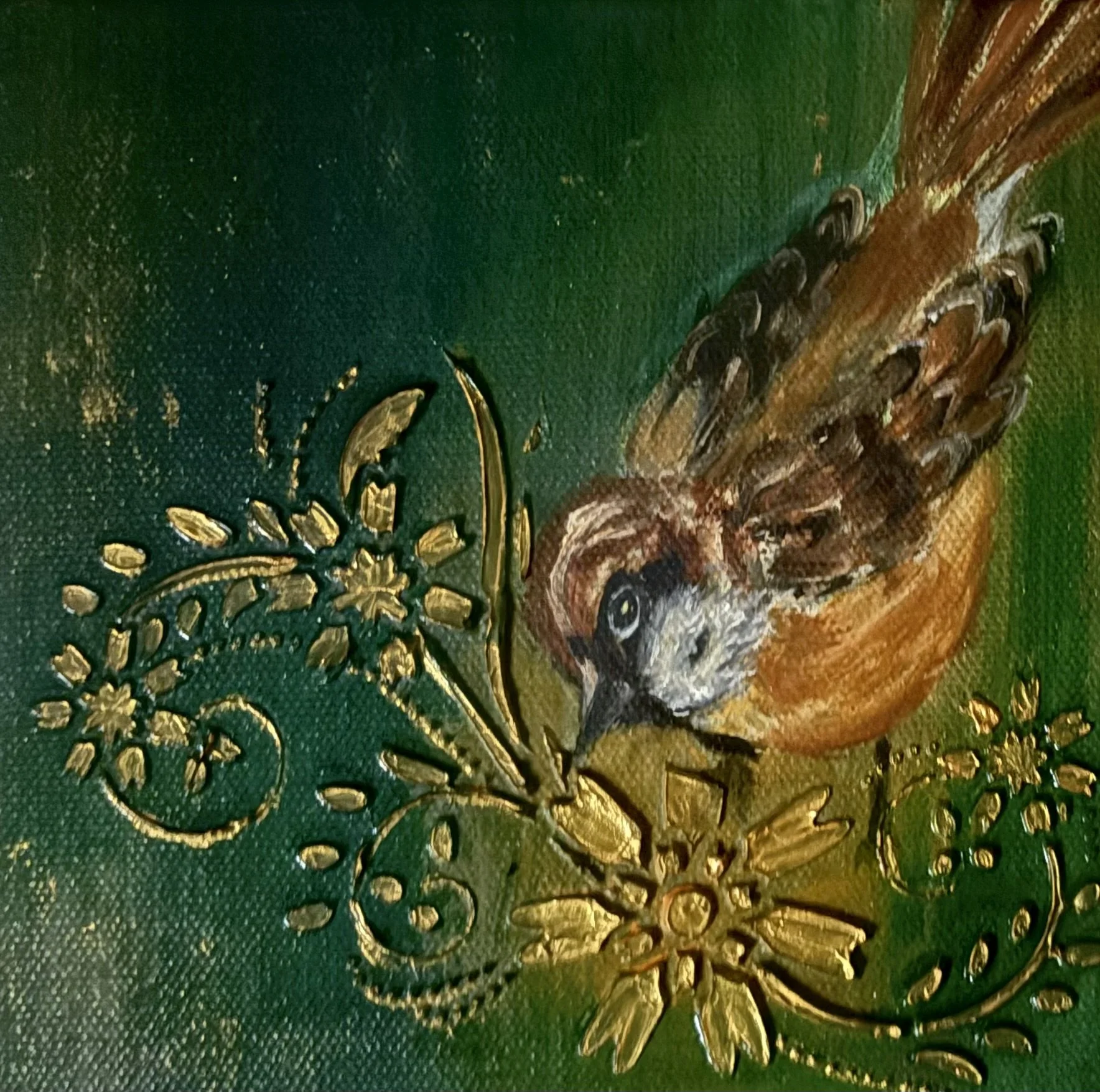 An original, colorful mixed-media painting of a little brown bird who is very curious about the new golden perch she landed on.. Created on a 6×6 canvas using inks, acrylic mediums, acrylic paint, spray paints, and oil paints.