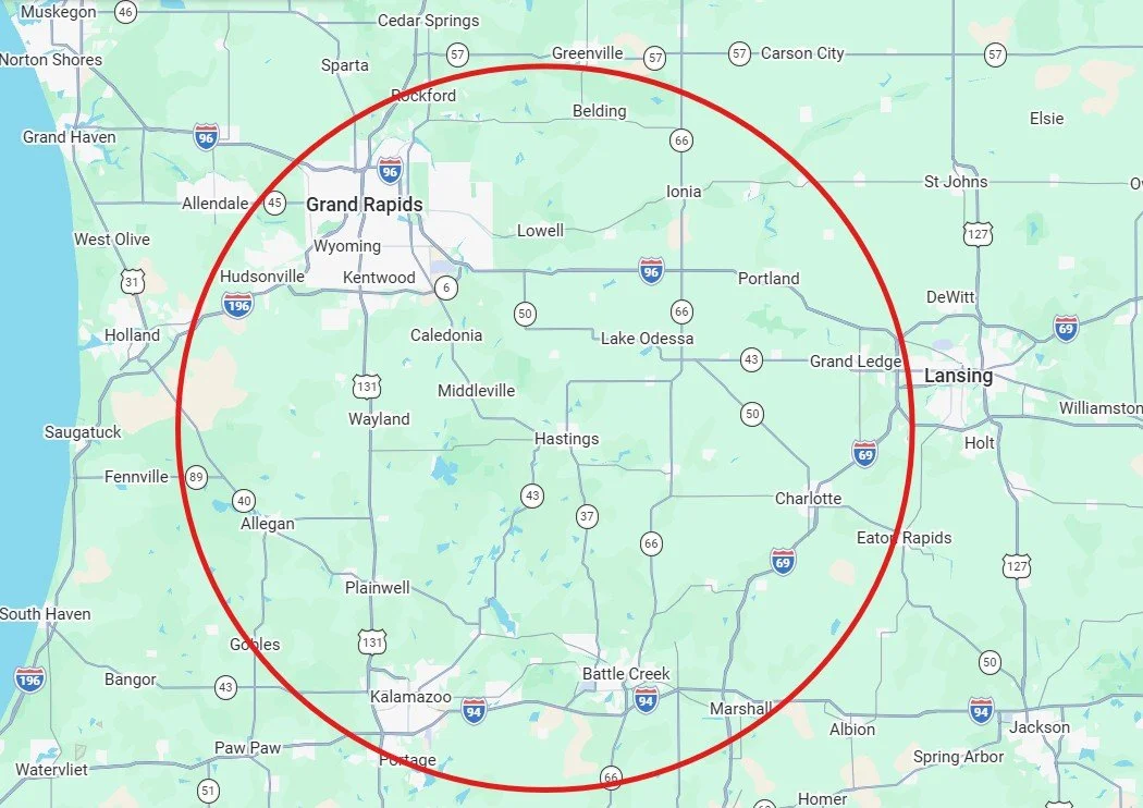 Map of central Michigan with a red circle area overlay, including cities like Grand Rapids, Lansing, Kalamazoo, Battle Creek, and surrounding towns.