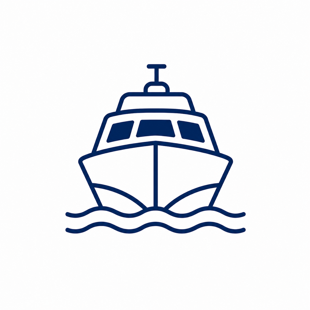 Simple line drawing of a boat on water viewed from the front.