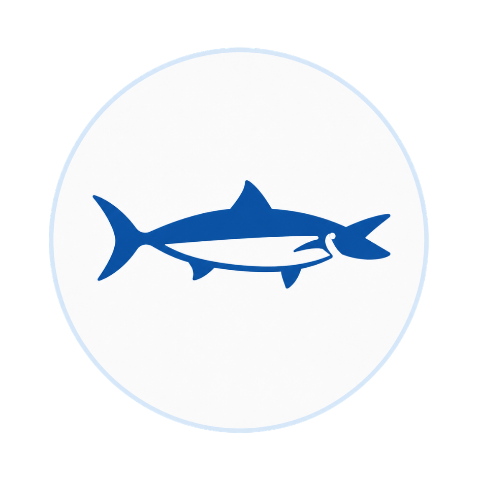 Blue fish icon on a white circular background