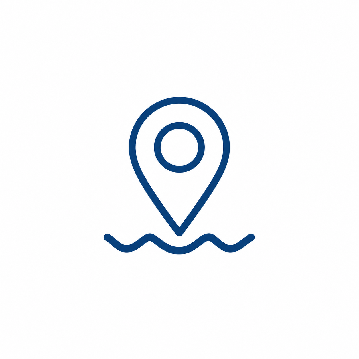 Line drawing of a map pin with water waves below it.