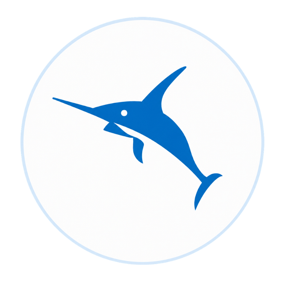 Blue marlin fish silhouette inside a white circular background.