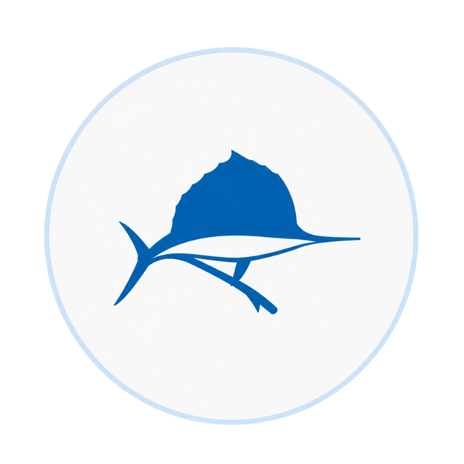 Blue fish outline with a leaf and branch inside a white circle.