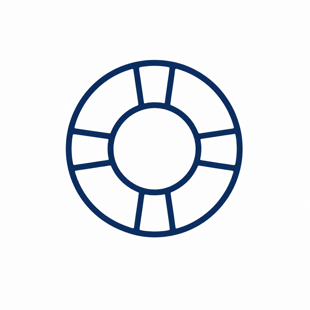 Simple black outline of a circular object with inner and outer rings and evenly spaced segments.