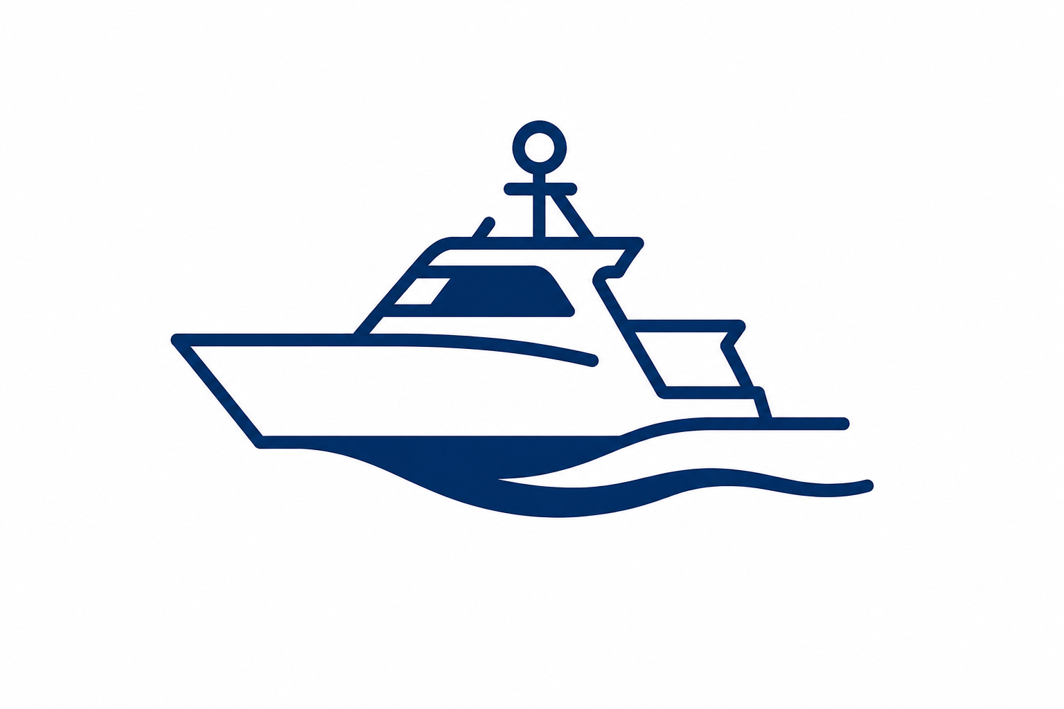 Outline of a boat with a small cabin and a person standing on top, depicted in blue lines on a white background.