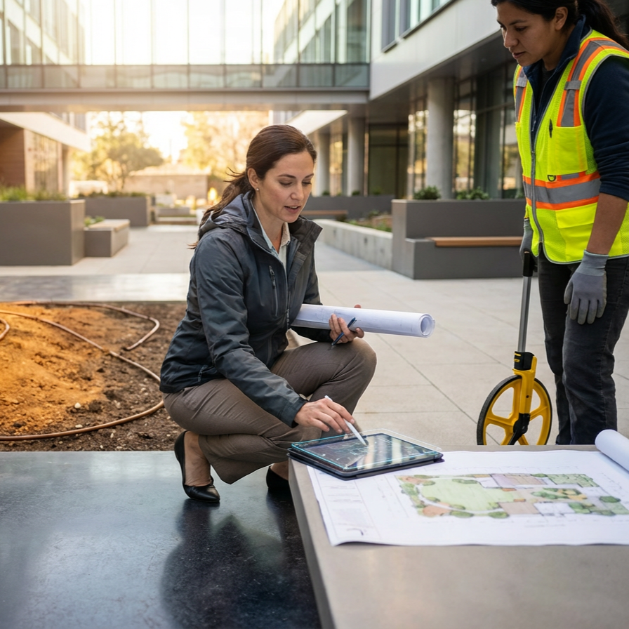 Two women working on a construction project outdoors, one holding blueprints and a tablet, the other wearing a yellow safety vest and gloves, with a measuring wheel nearby, in front of modern office buildings.