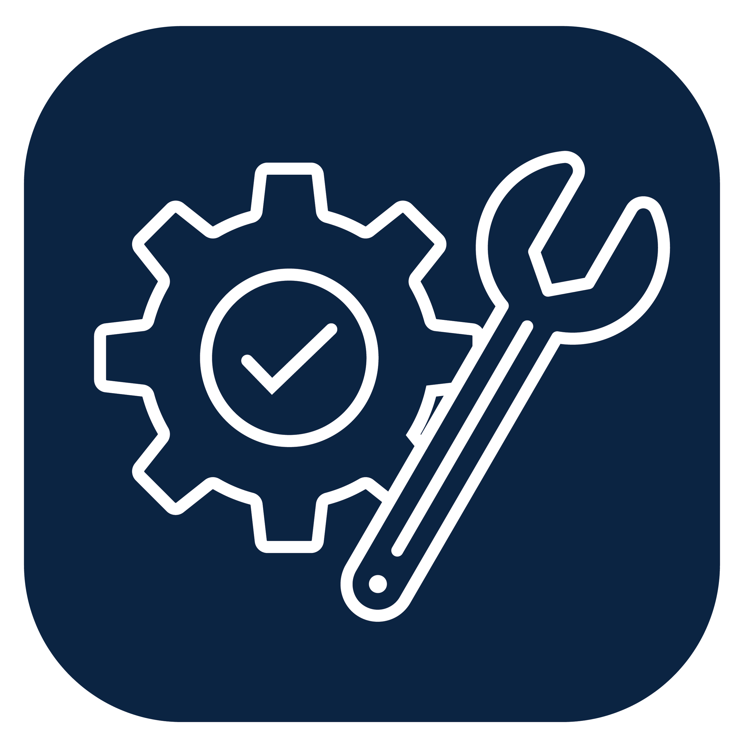 Outline icon of a gear, checkmark inside a circle, and a wrench on a dark blue background.
