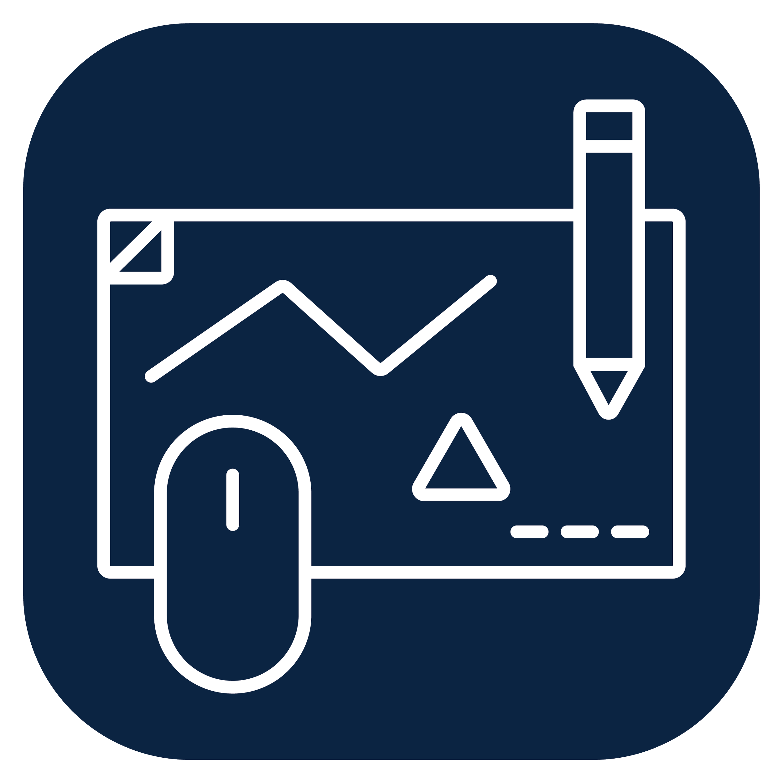 A white line icon of blueprints with a pencil and mouse on top on a round dark blue background.