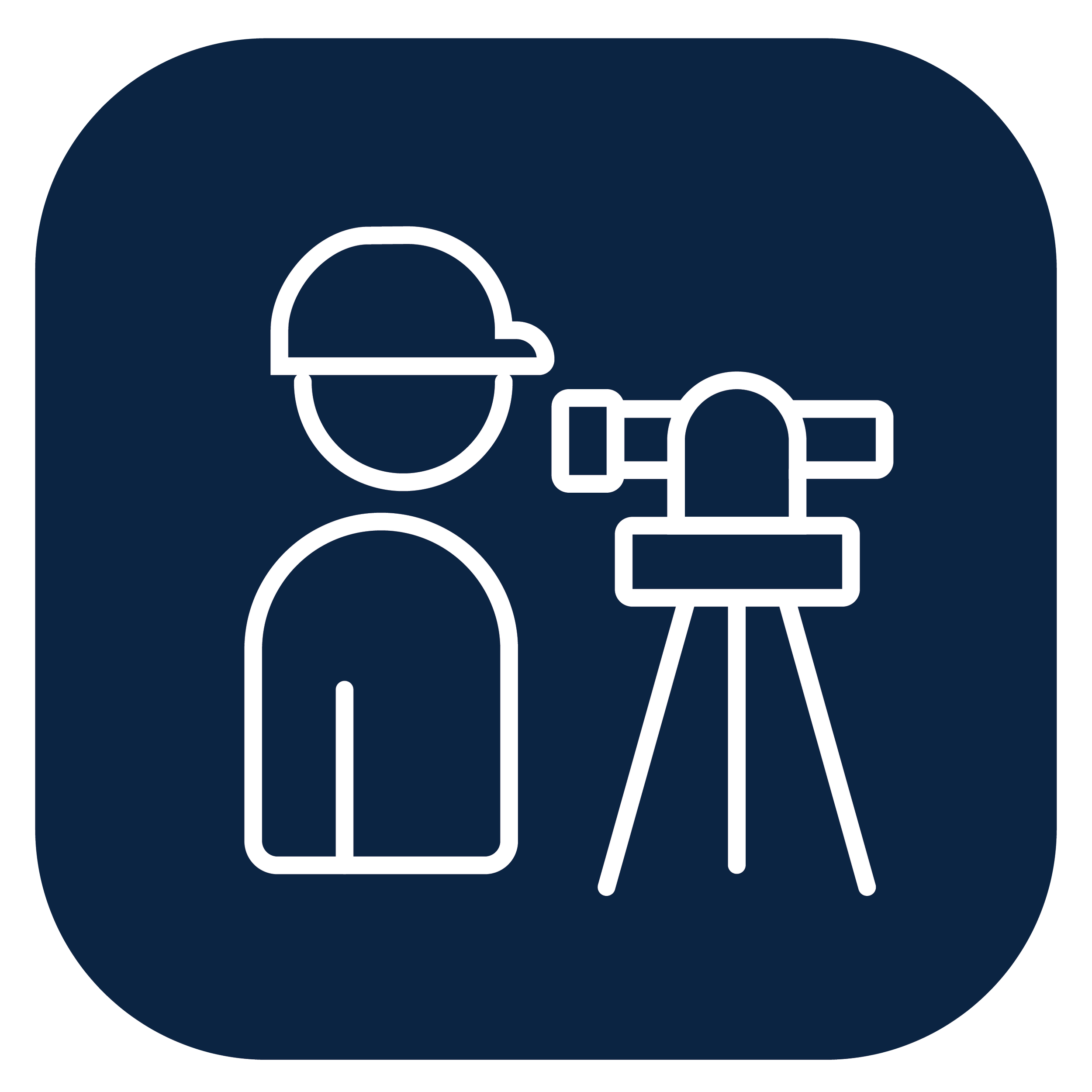 A white line icon of a construction worker looking to to a site survey tool on a dark blue background.