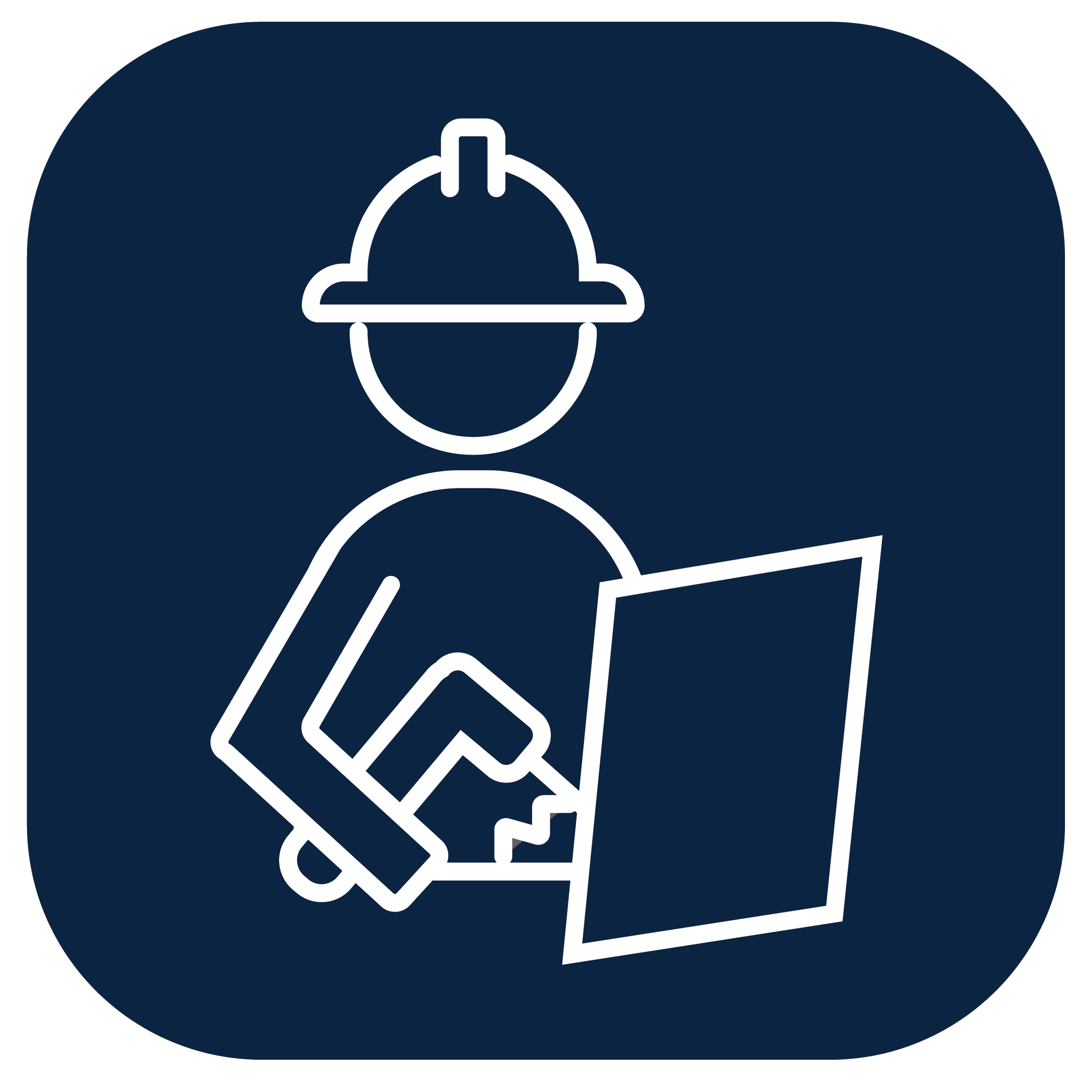 A white line icon of a construction worker welding, enclosed in a circle on a dark blue background.