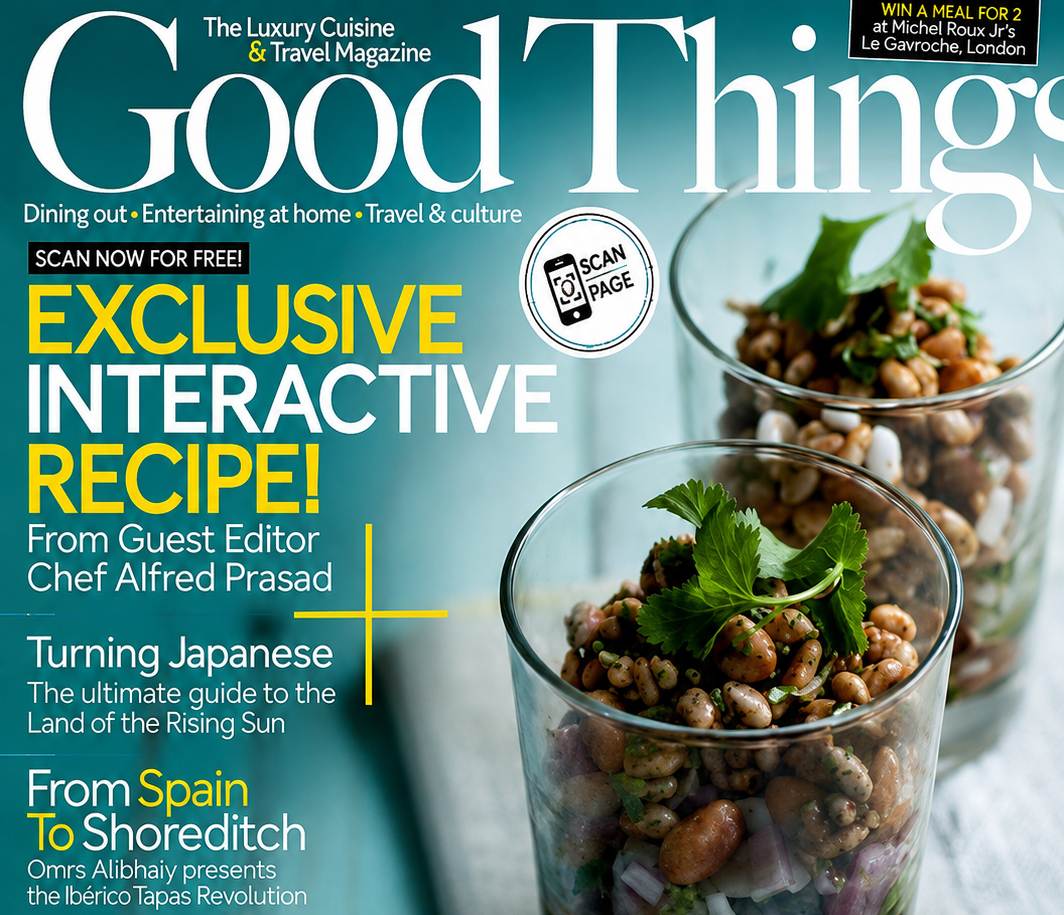 Cover of Good Things magazine featuring two glasses of bean salad garnished with parsley, with articles about interactive recipes, Japanese cuisine, and Spanish tapas.