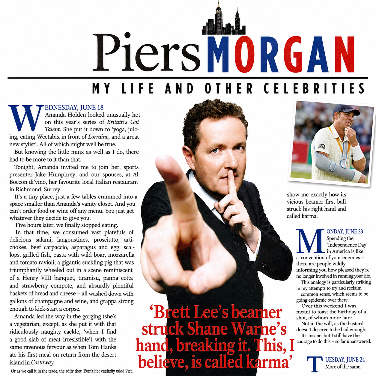 A magazine feature titled "Piers Morgan: My Life and Other Celebrities" with a photo of Piers Morgan, a small inset photo of an athlete with a cast on his arm, and red and blue highlighted text quoting Brett Lee's beamer incident.