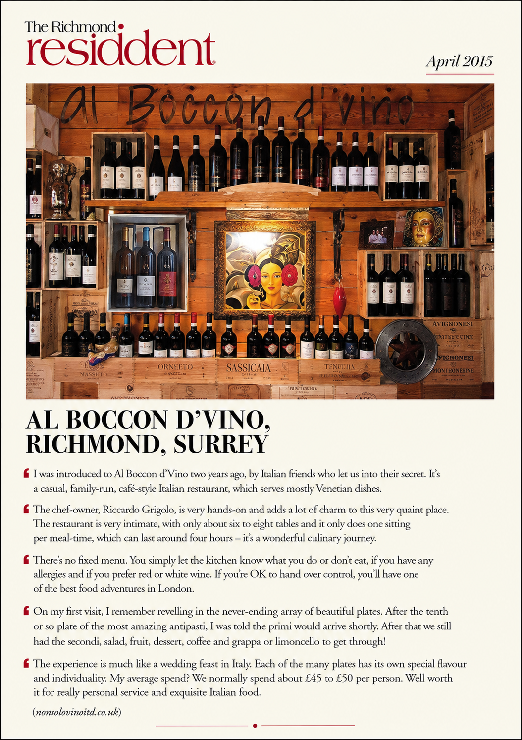 A magazine page featuring wine bottles displayed on shelves with a wooden background, a colorful framed artwork of a woman with red flowers in her hair, and text describing Al Boccon d'Vino restaurant in Richmond, Surrey.