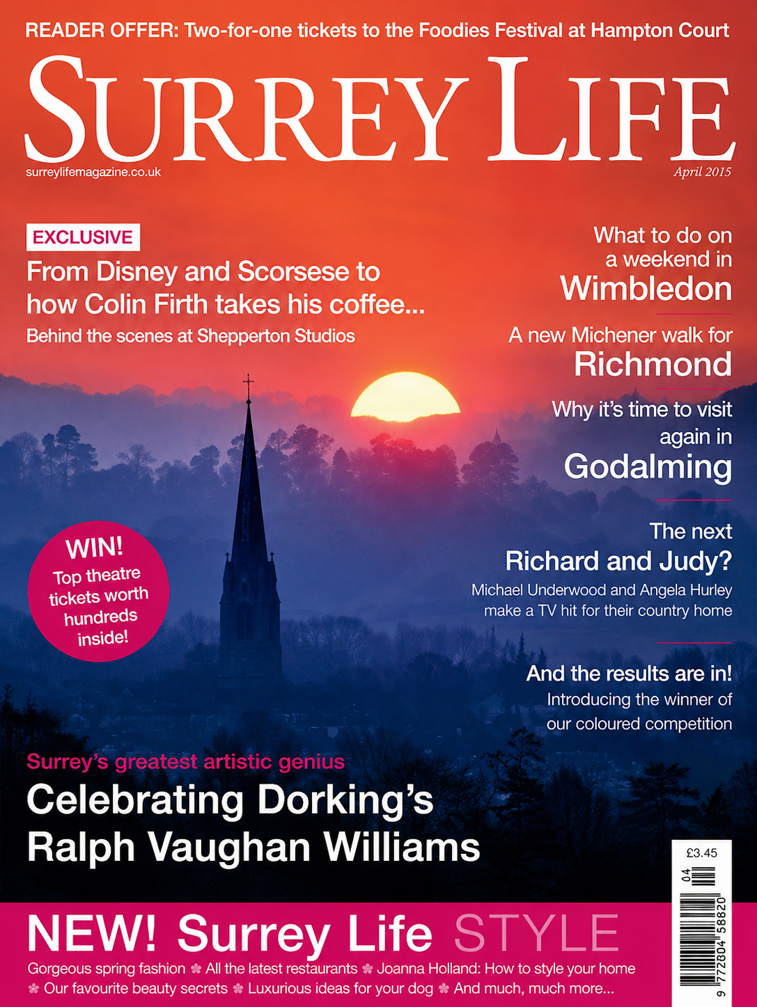 Front cover of Surrey Life magazine, April 2015 edition, featuring a sunset over a landscape with a church steeple, with various headlines about local events and features.