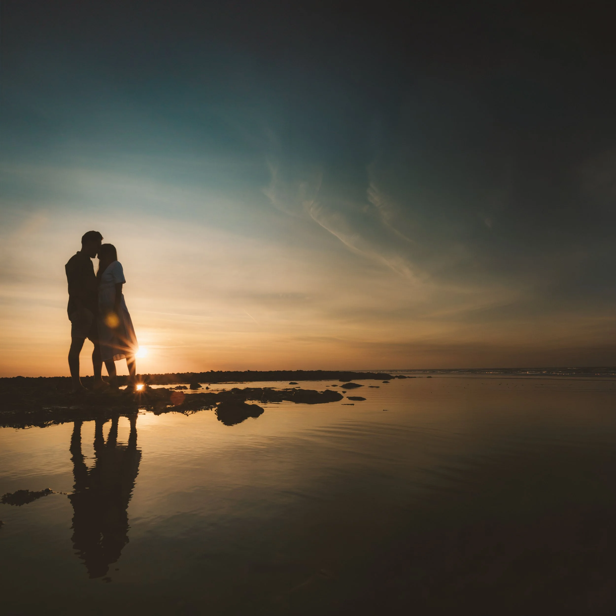 A silhouette of a couple holding hands while kissing at sunset on the beach, with the sky displaying shades of orange and blue, and reflections of the sky on the water.