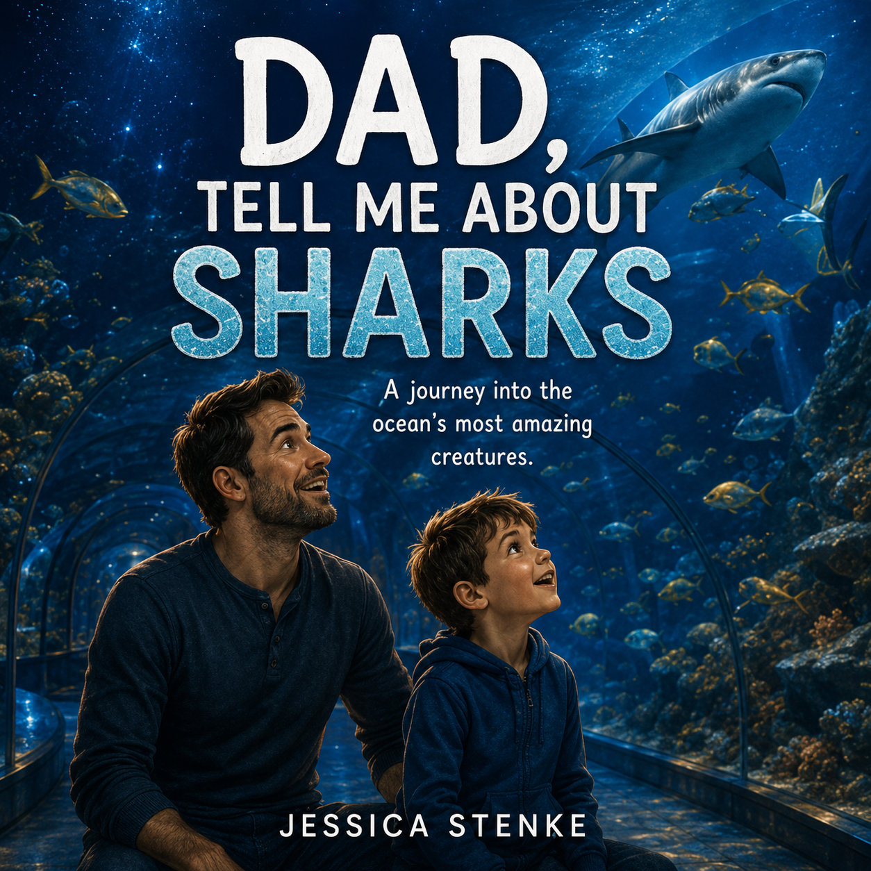 Book cover titled 'Dad, Tell Me About Sharks' by Jessica Stenke, featuring a man and a boy in an underwater tunnel with sharks swimming overhead.