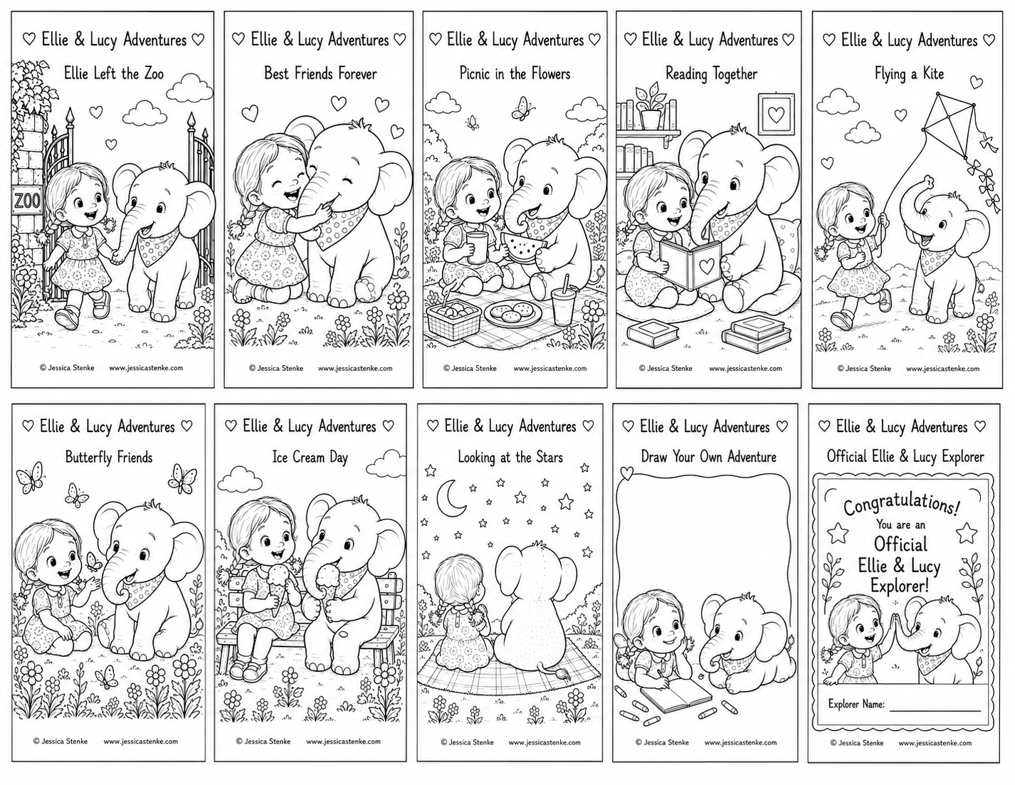 A black and white children's activity sheet with ten scenes featuring an elephant and a girl named Ellie. Scenes include them at the zoo, hugging, having a picnic, reading together, flying a kite, making butterfly friends, eating ice cream, stargazing, drawing, and celebrating as explorers.