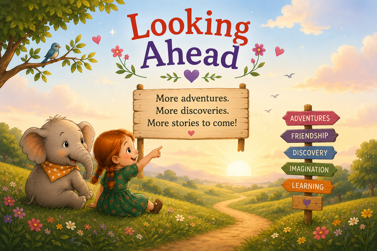 A colorful children's illustration featuring a young girl with red hair and an elephant sitting on a grassy hill, pointing towards a wooden sign with the words "More adventures. More discoveries. More stories to come!" The scene includes a tree with a bird, a winding path, a sunset, and a signpost with colorful labels reading "Adventures," "Friendship," "Discovery," "Imagination," and "Learning."