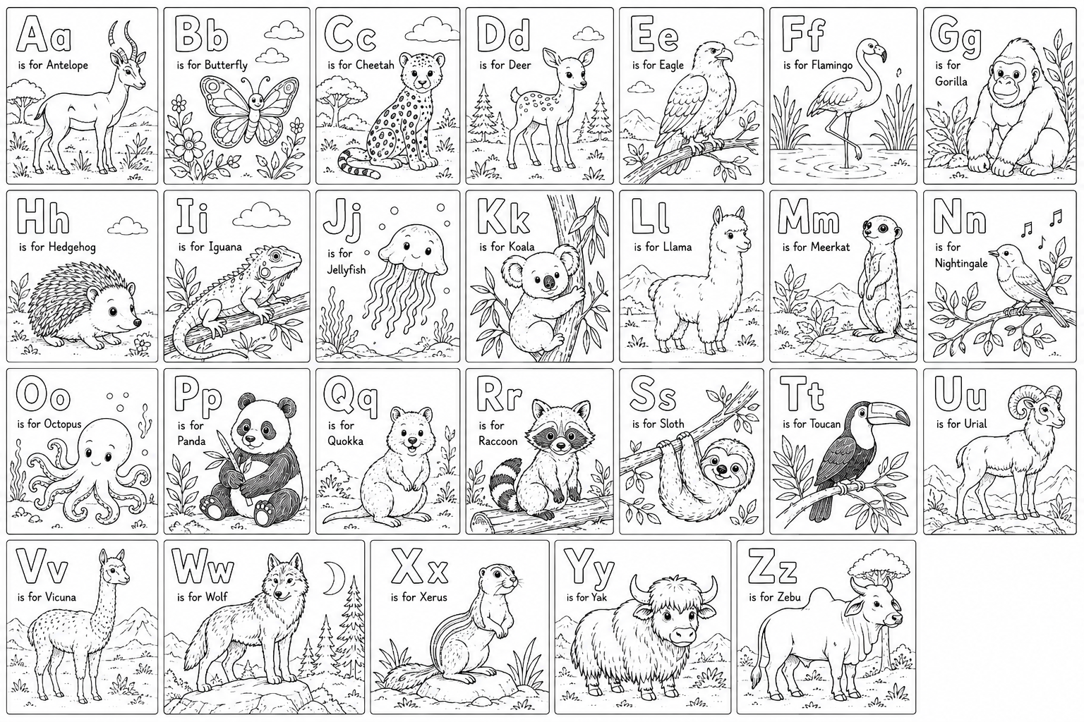 Coloring page featuring the alphabet with animals: A for Antelope, B for Butterfly, C for Cheetah, D for Deer, E for Eagle, F for Flamingo, G for Gorilla, H for Hedgehog, I for Iguana, J for Jellyfish, K for Koala, L for Llama, M for Meerkat, N for Nightingale, O for Octopus, P for Panda, Q for Quokka, R for Raccoon, S for Sloth, T for Toucan, U for Ural, V for Vicuna, W for Wolf, X for Xerus, Y for Yak, Z for Zebu, all outlined for coloring.