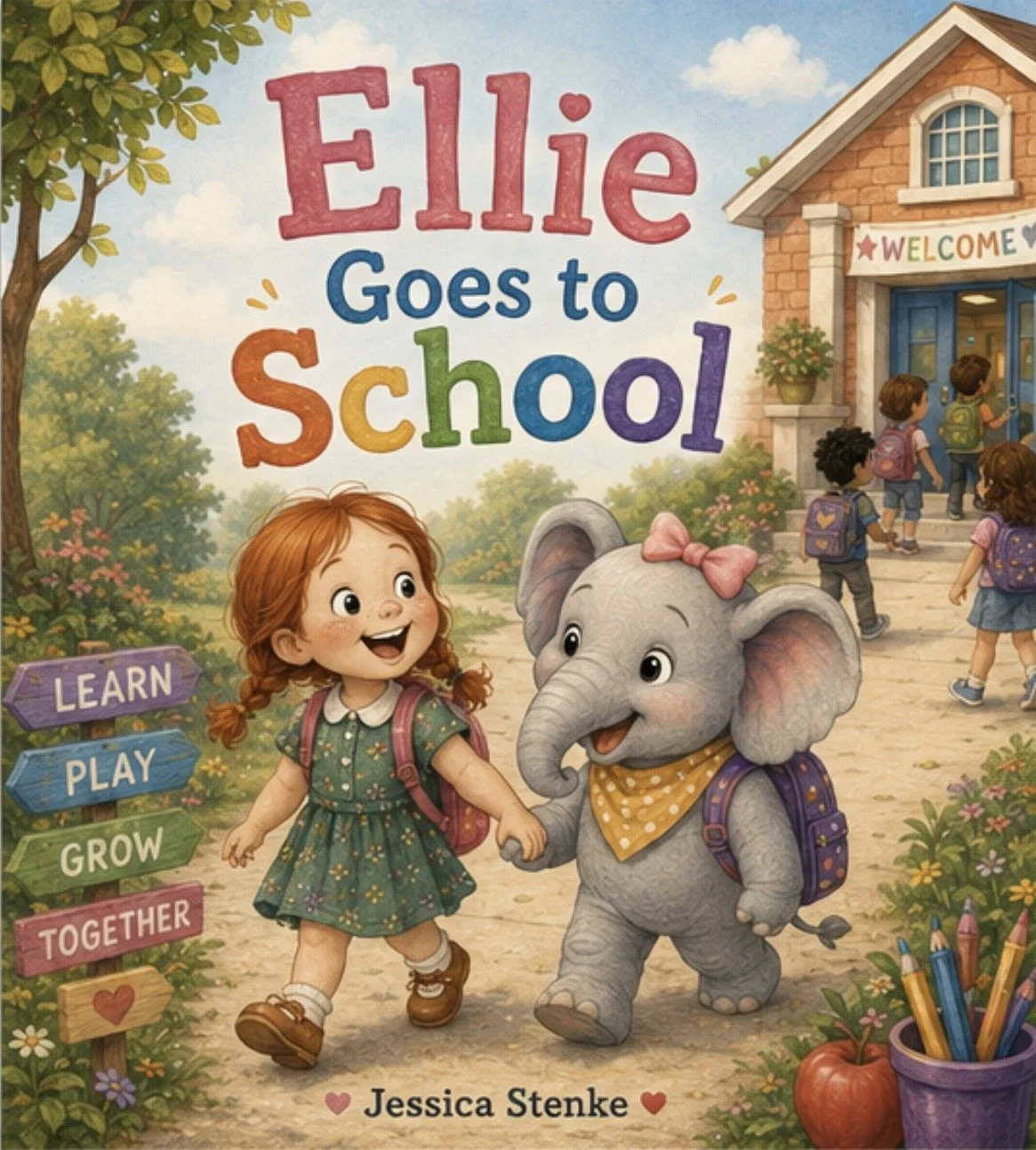 Book cover titled 'Ellie Goes to School' by Jessica Stenke, featuring a young girl with red hair and an elephant holding hands outside a school building. Seven children with backpacks are entering the school, with colorful flowers and trees surrounding the scene.