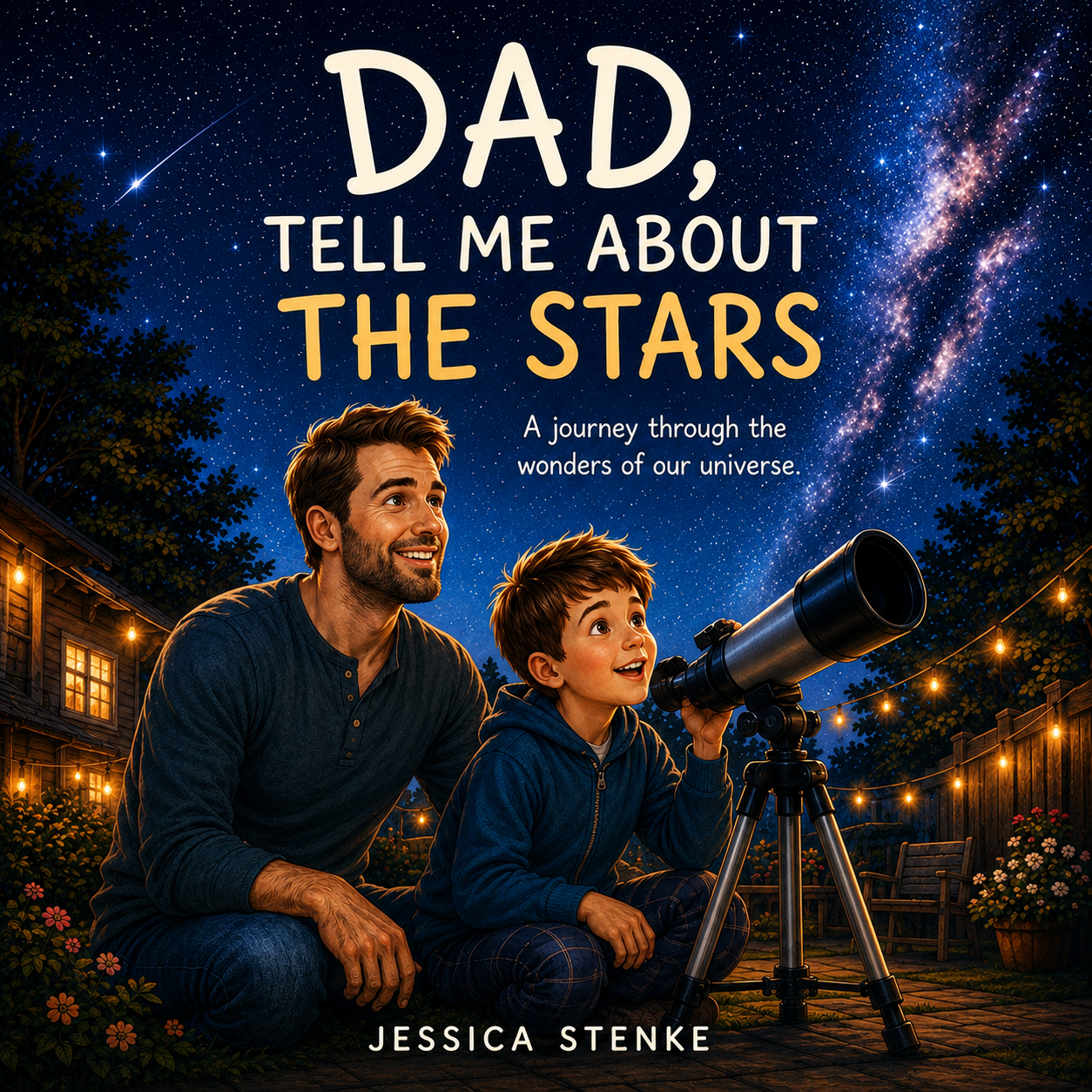 Book cover titled 'Dad, Tell Me About the Stars' by Jessica Stenke, featuring an illustration of a father and son outdoors at night, looking through a telescope at the starry sky and the Milky Way galaxy.