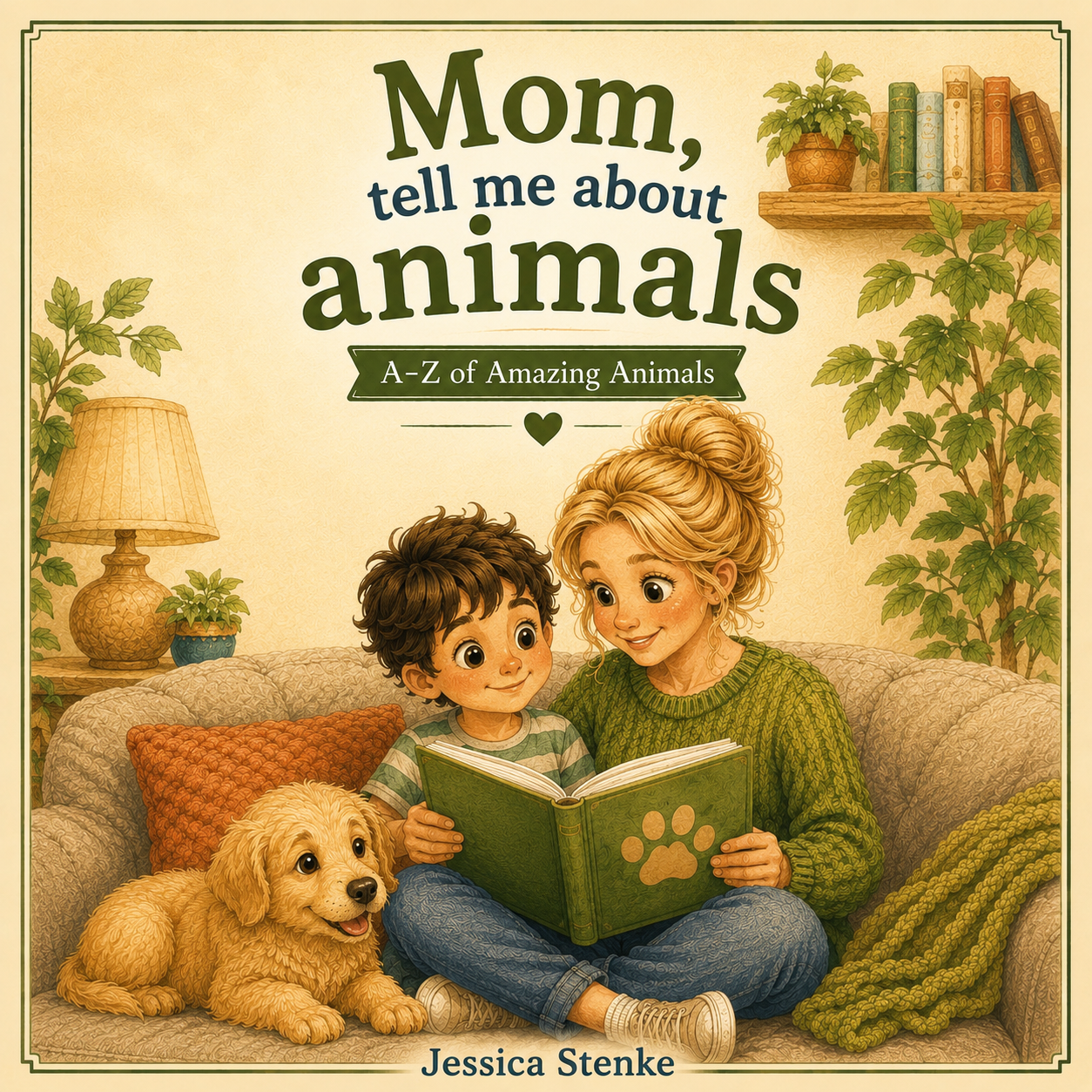 A woman reading a book to a young boy on a cozy couch, with a puppy sitting beside them. The background features houseplants, a lamp, and bookshelves, with the title 'Mom, tell me about animals' and the author Jessica Stenke.