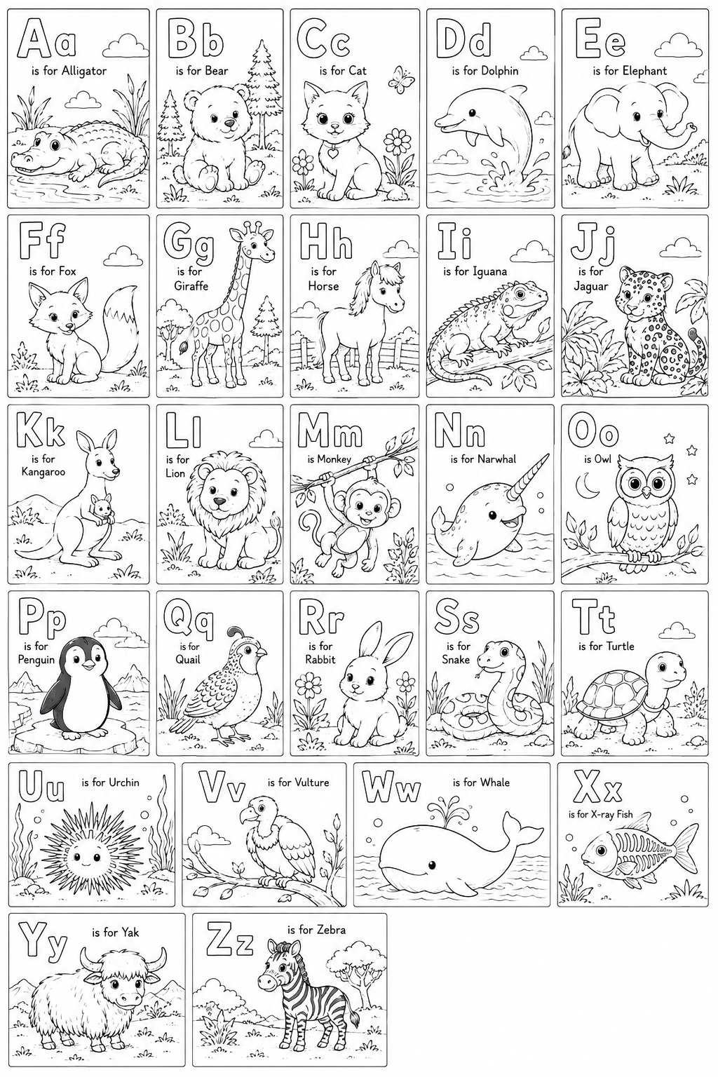 Children's coloring page with animals representing each letter of the alphabet, including alligator, bear, cat, dolphin, elephant, fox, giraffe, horse, iguana, jaguar, kangaroo, lion, monkey, narwhal, owl, penguin, quail, rabbit, snake, turtle, urchin, vulture, whale, x-ray fish, yak, and zebra.