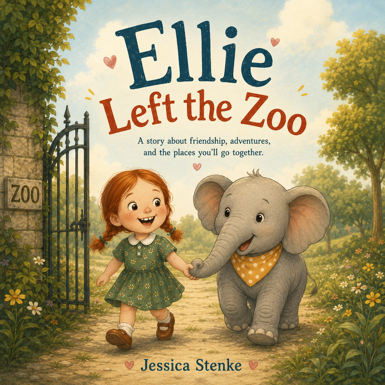 Book cover for 'Ellie Left the Zoo' by Jessica Stenke, featuring a smiling young girl with red hair in a green polka-dot dress holding hands with a cute, smiling elephant wearing a yellow polka-dot bandana, walking through a zoo entrance with trees and flowers.