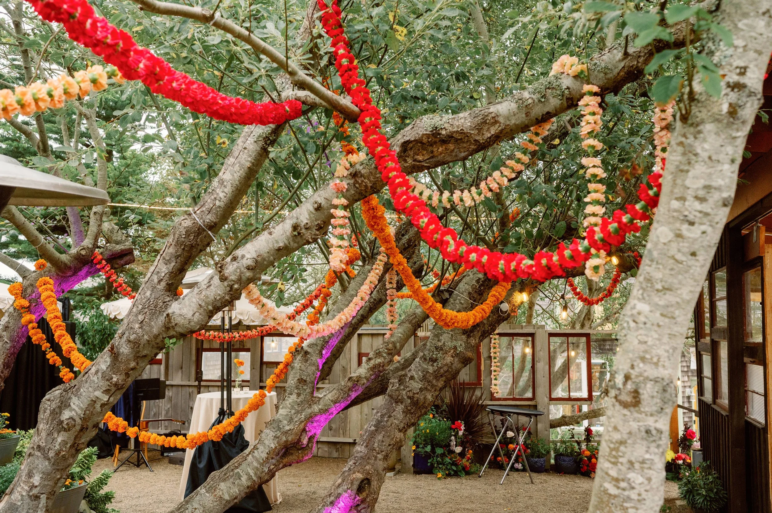 Decorated tree with colorful flower garlands and string lights in a backyard setting.