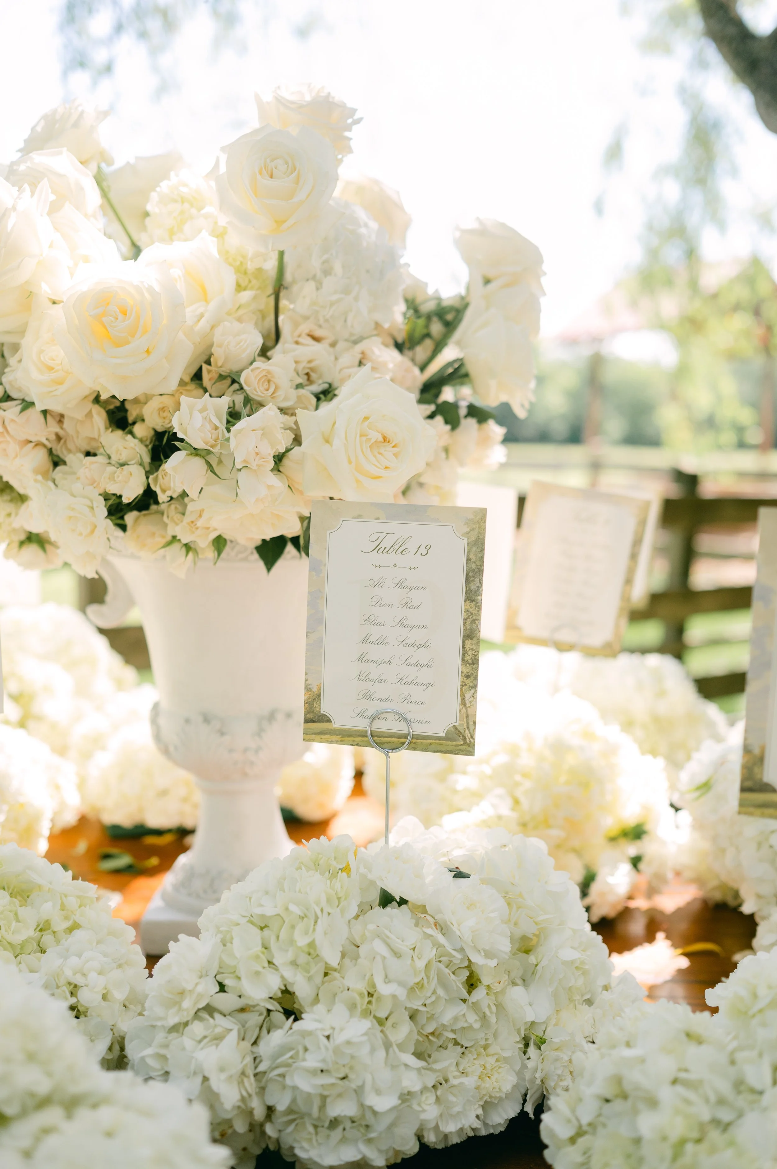 A large arrangement of white roses and hydrangeas in a white vase, with a table number card listing names, at an outdoor wedding or event, with blurred green trees and sunlight in the background.