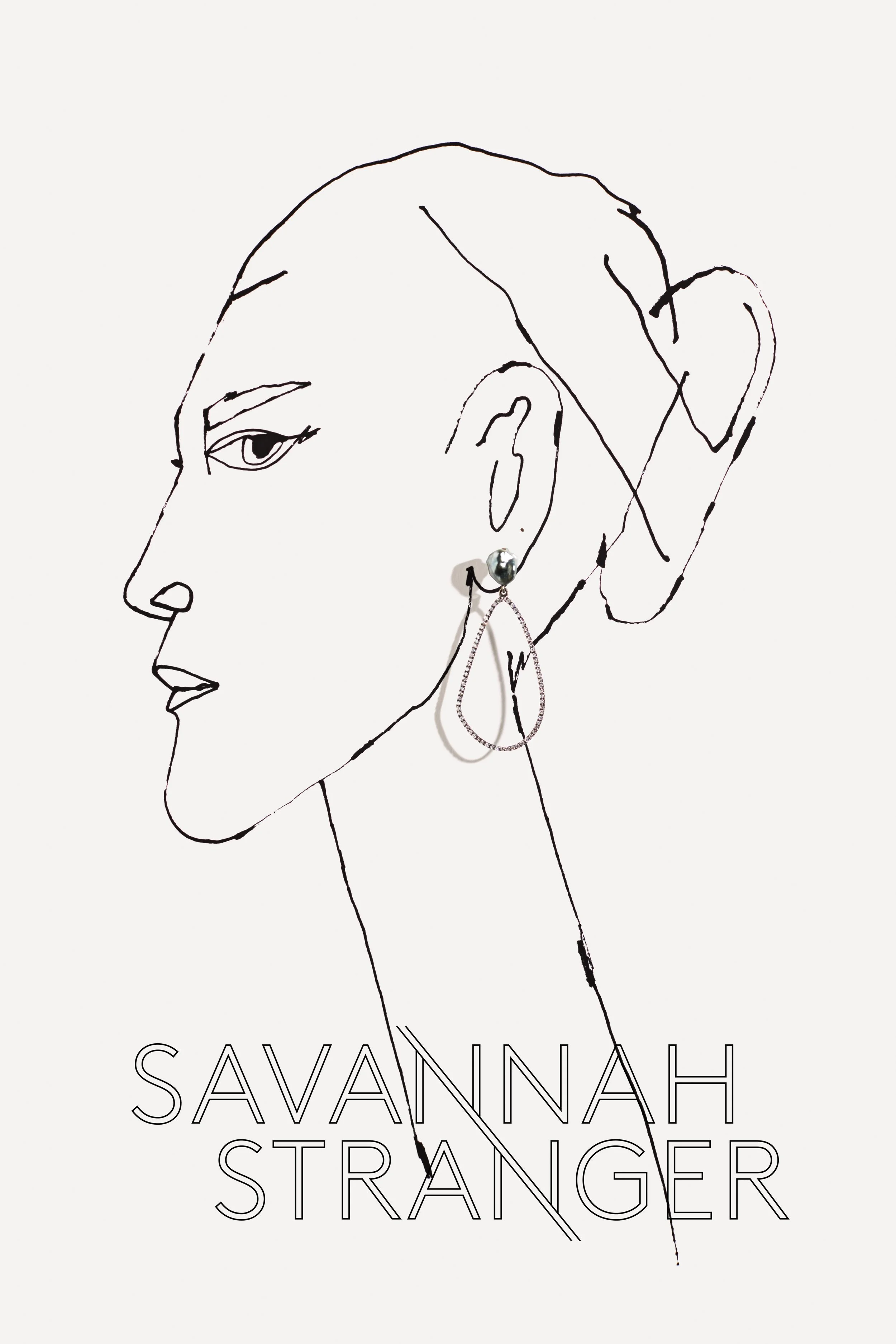 Line drawing of a woman with earrings, facing left, with the title 'SAVANNAH STRANGER' overlaid.