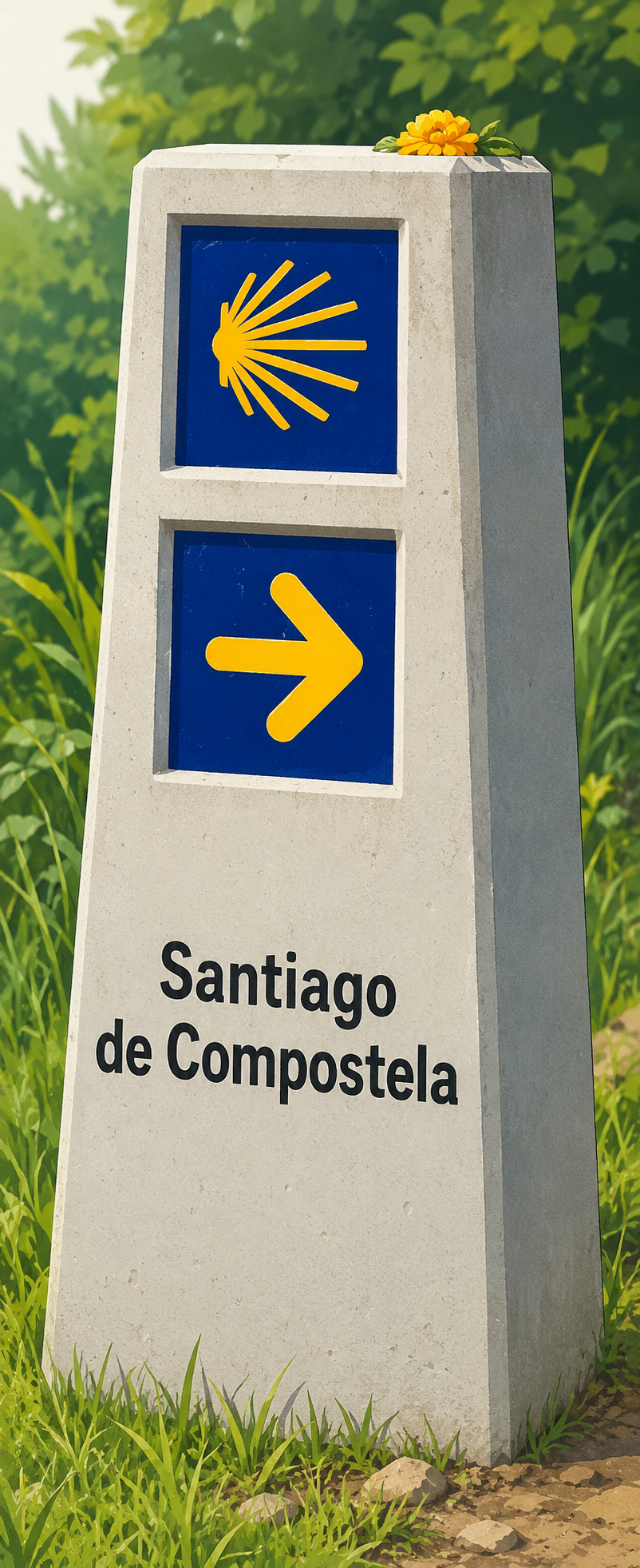 A signpost with a yellow shell and yellow arrow pointing right, with text 'Santiago de Compostela' at the bottom, set outdoors among green grass and bushes.