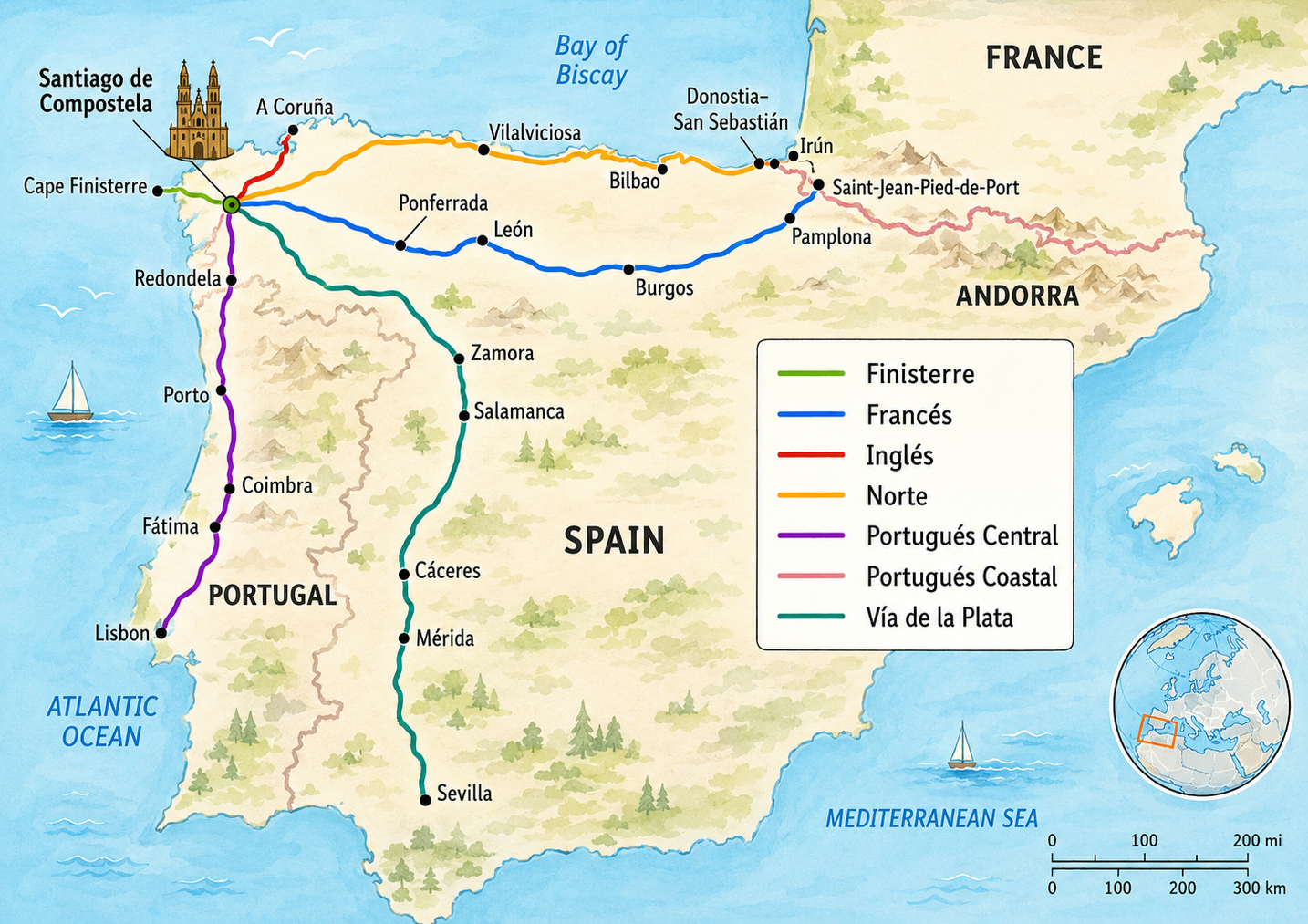 AI-generated illustrated map of the Camino de Santiago’s main pilgrimage routes, including the French Way, Portuguese Way (Central and Coastal), Northern Way, Camino Primitivo, English Way, Via de la Plata, and the Finisterre & Muxía extension.