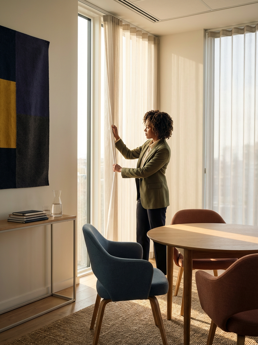 A woman adjusting sheer curtains in a bright modern dining room with a round wooden table, upholstered chairs, and minimalist decor.