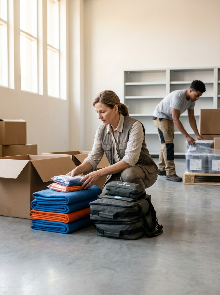 Two people packing supplies in a bright room with large windows. One woman is folding towels, and a man is handling boxes in the background.