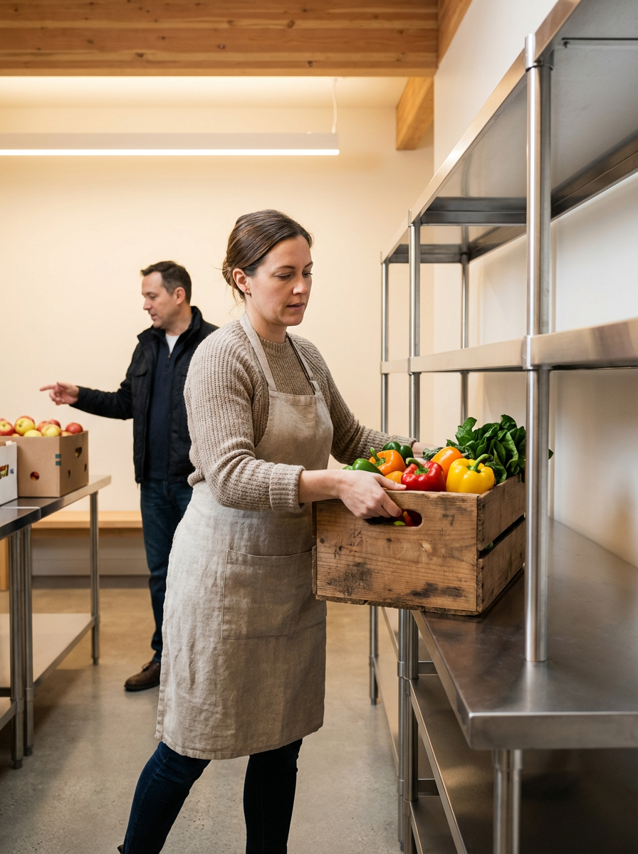 A woman in an apron arranging colorful bell peppers in a wooden crate in a kitchen or pantry, with a man in the background pointing at apples on a table.