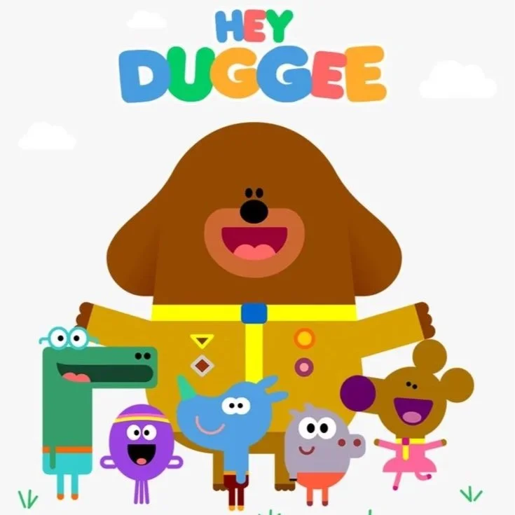 Illustration of a cheerful brown dog character Duggee, with four smaller cartoon animals and colorful text 'HEY DUGGEE' at the top.