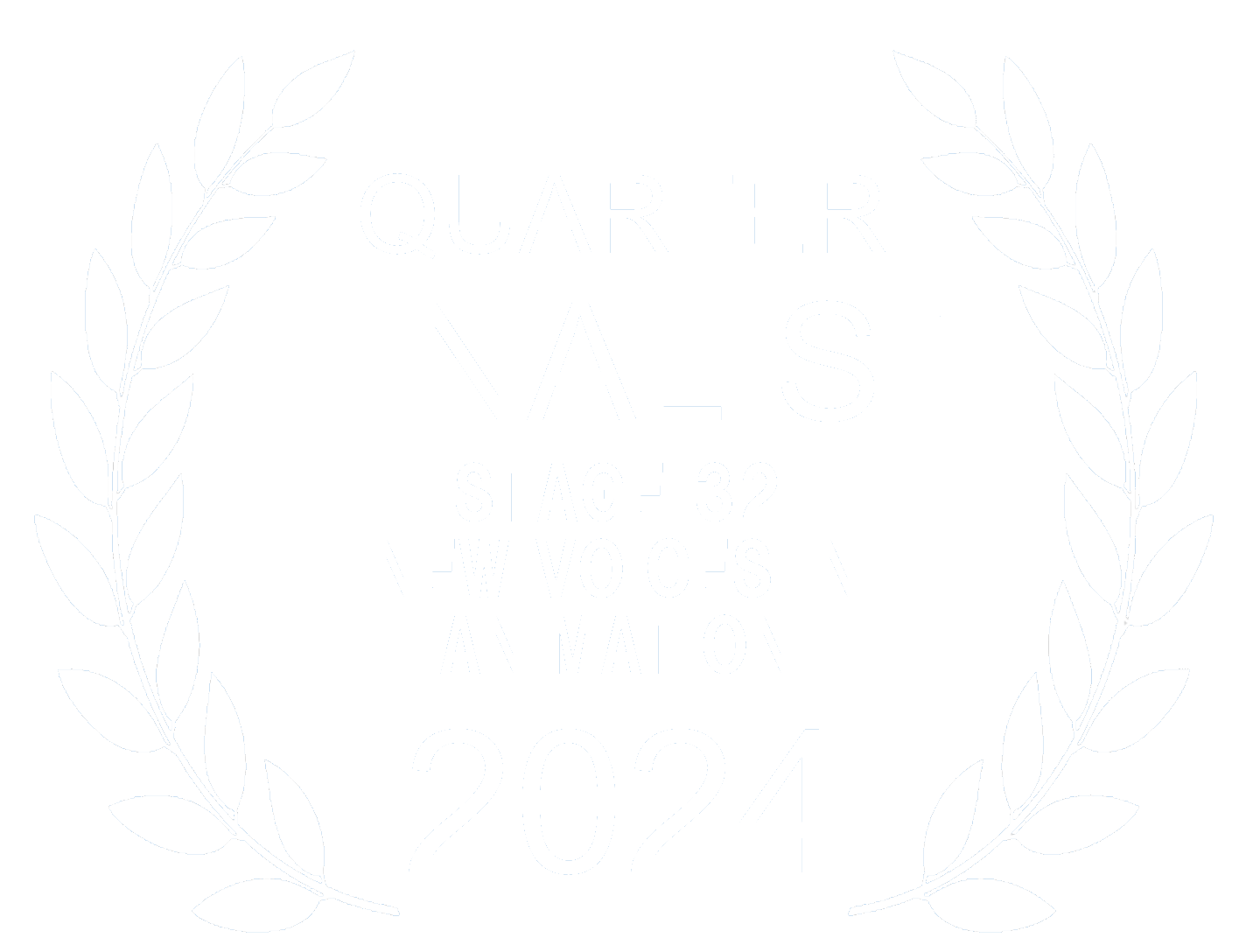 Black background with white text and laurel leaves border, indicating 'Quarter Finalist Stage 32, New Voices in Animation 2024'.