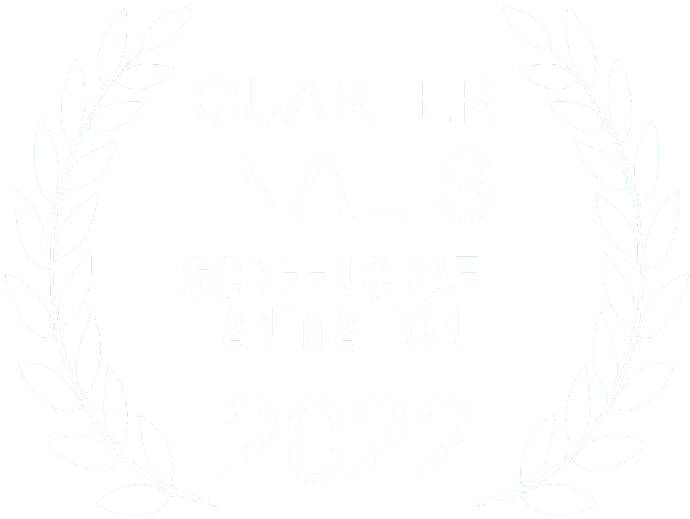 Black and white emblem with a laurel wreath surrounding the text 'Quarter Finalist Screencraft Animation 2022'.