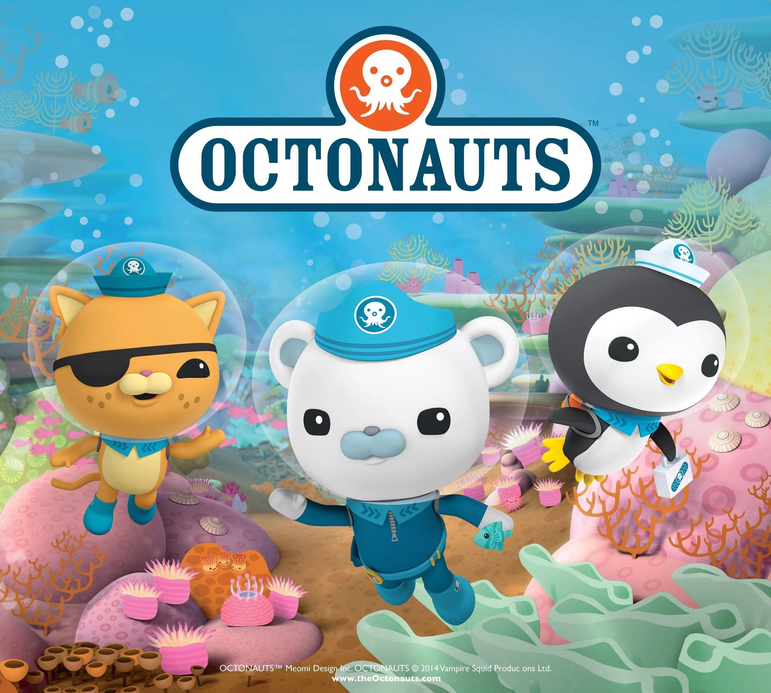 Colorful underwater scene featuring animated animal characters from OCTONAUTS including a cat, a penguin, and a poler bear, with coral and sea plants in the background.